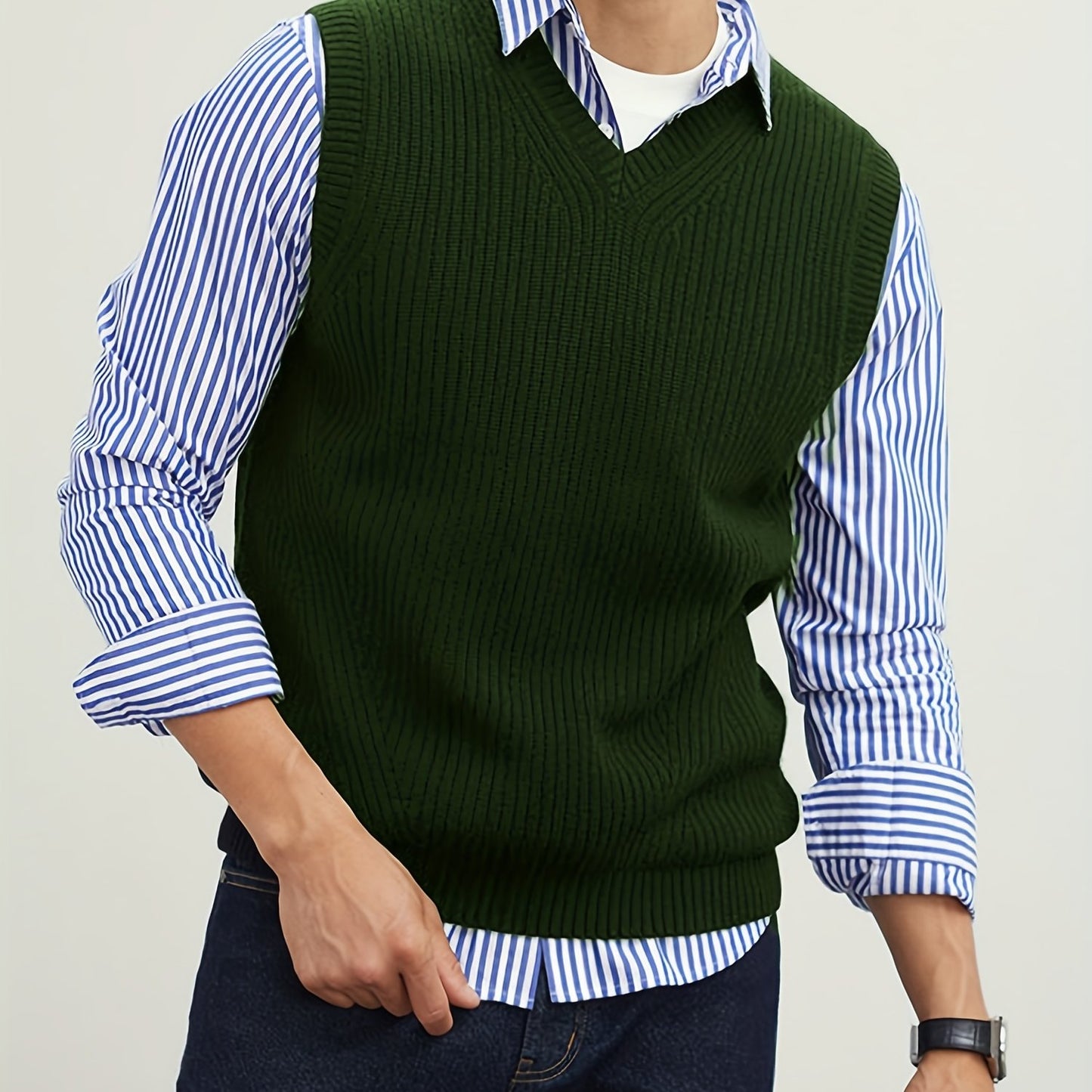 gbolsos Men's V Neck Sweater Vest, Pullover Solid Color Sleeveless Sweaters Vest, Preppy Style