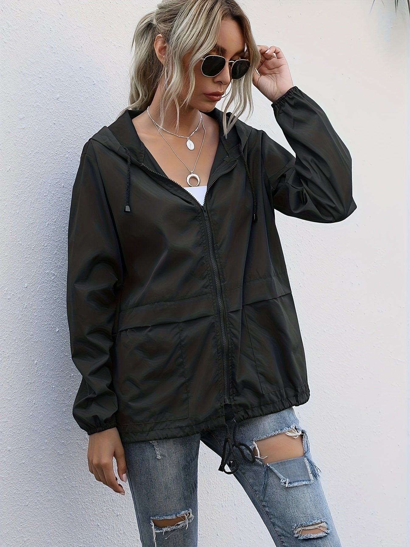 gbolsos Zip Up Drawstring Raincoat, Casual Solid Hooded Long Sleeve Outerwear, Women's Clothing