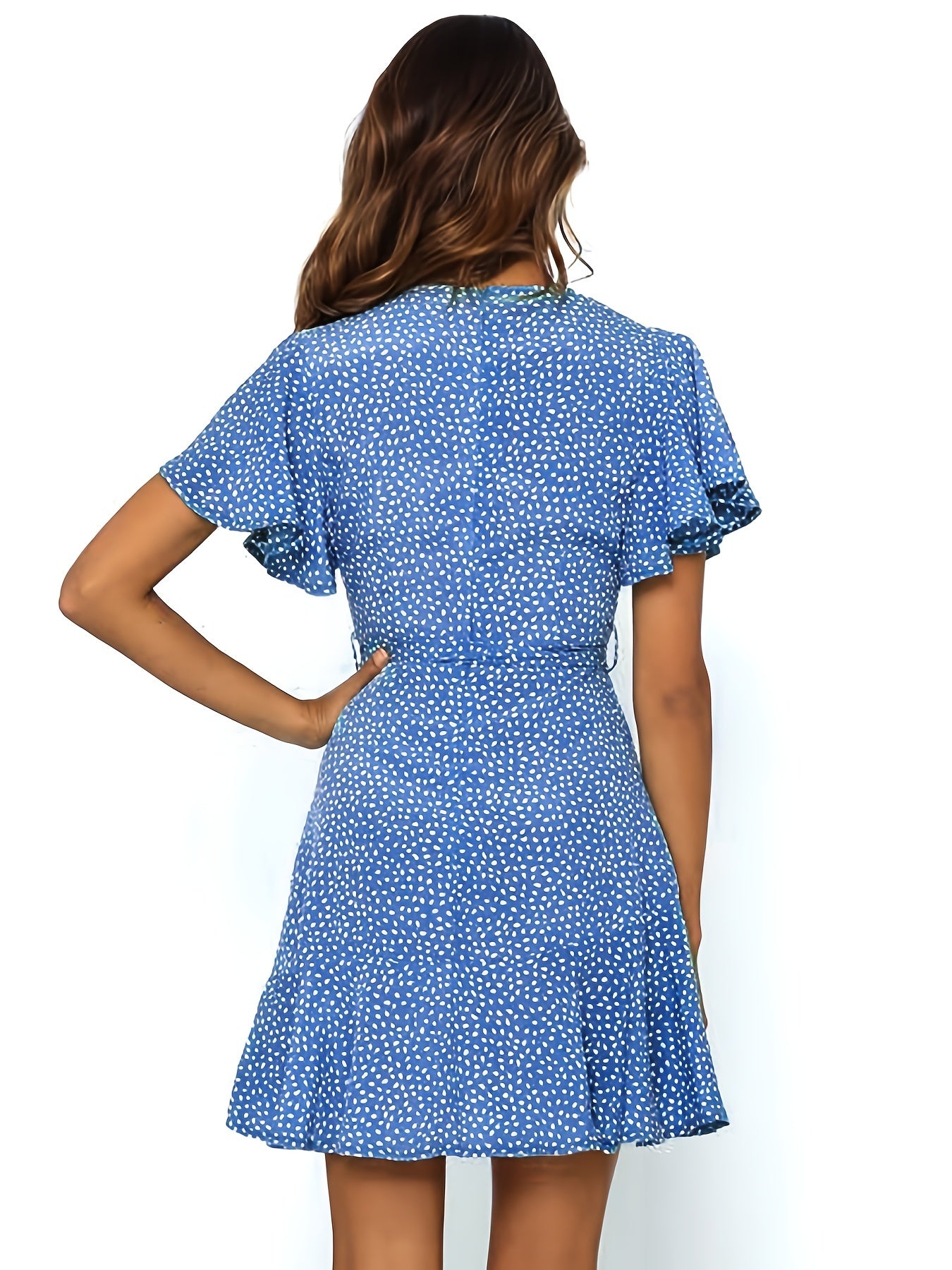 V Neck Chiffon Ruffle Dress, Ditsy Floral Print Short Sleeve Belt Waist Summer Dresses, Women's Clothing