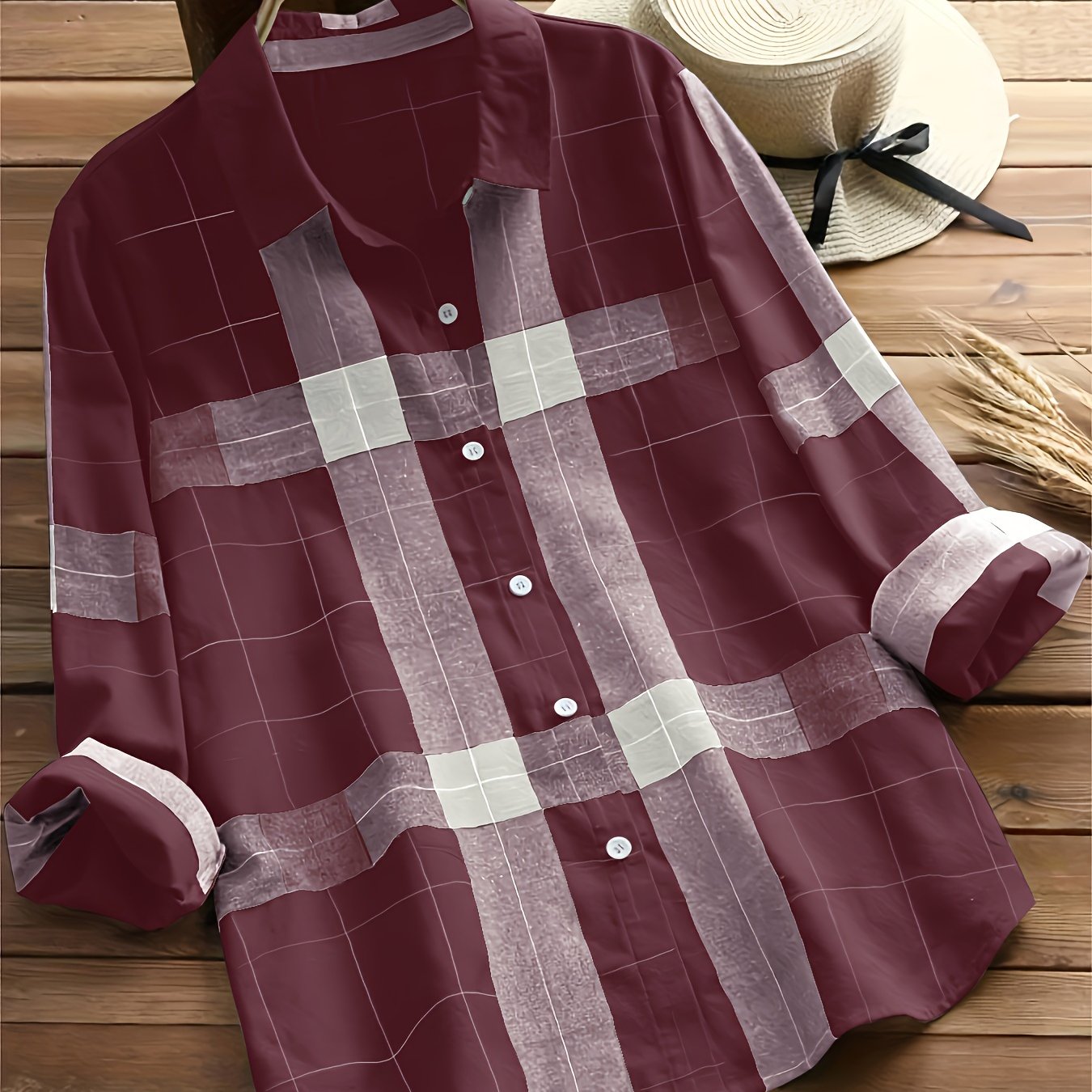 Plaid Print Shirt, Casual Button Front Long Sleeve Collar Shirt, Women's Clothing