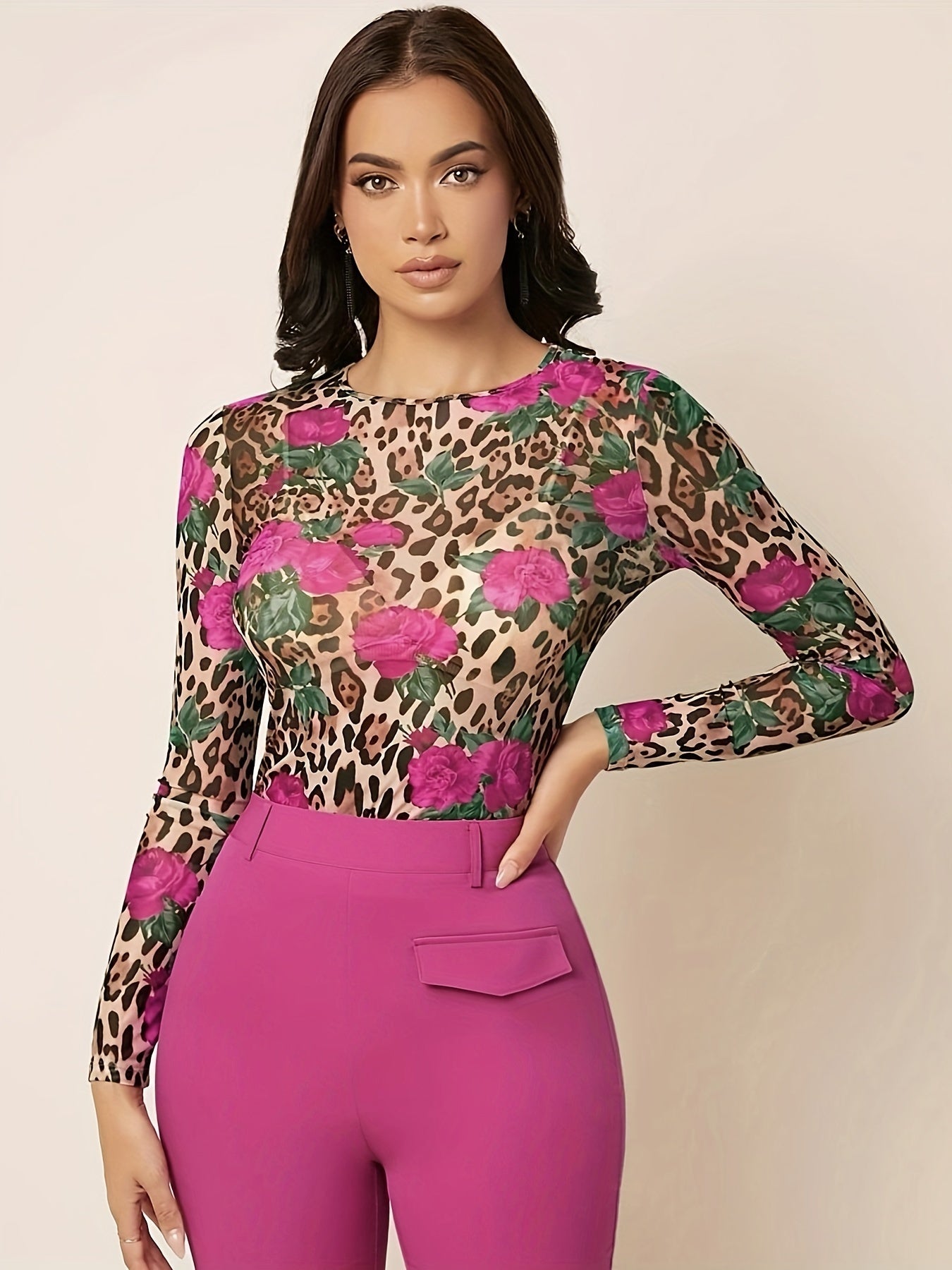 gbolsos Leopard & Floral Print Crew Neck T-Shirt, Versatile Long Sleeve T-Shirt For Spring & Fall, Women's Clothing