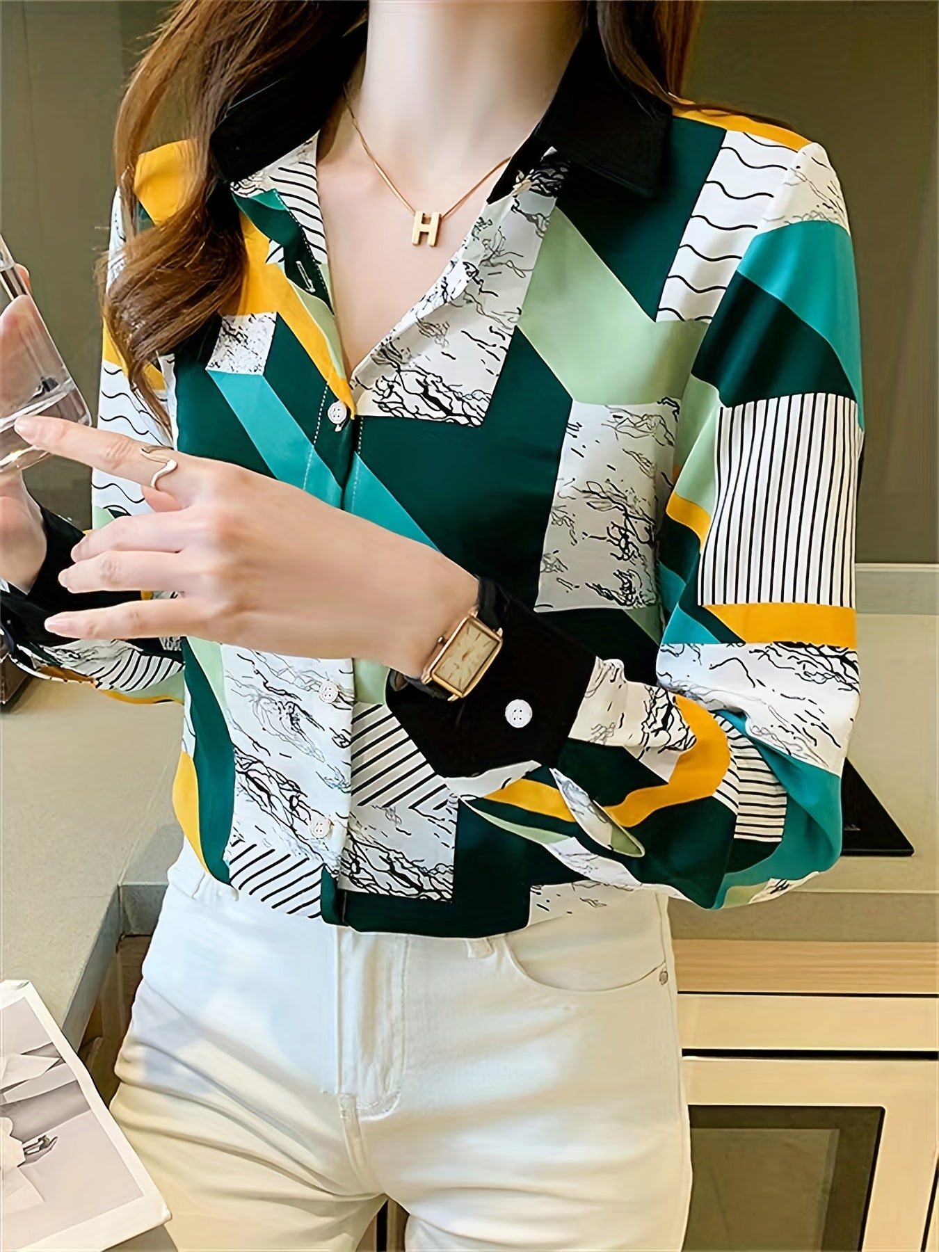 gbolsos Colorblock Geometric Print Polo Collar Shirt, Casual Long Sleeve Shirt For Spring & Fall, Women's Clothing