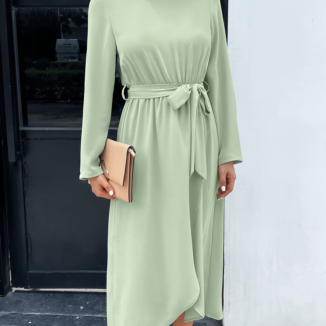 Elegant Solid Tie Front Dress, Crew Neck Long Sleeve Dress, Casual Every Day Dress, Women's Clothing