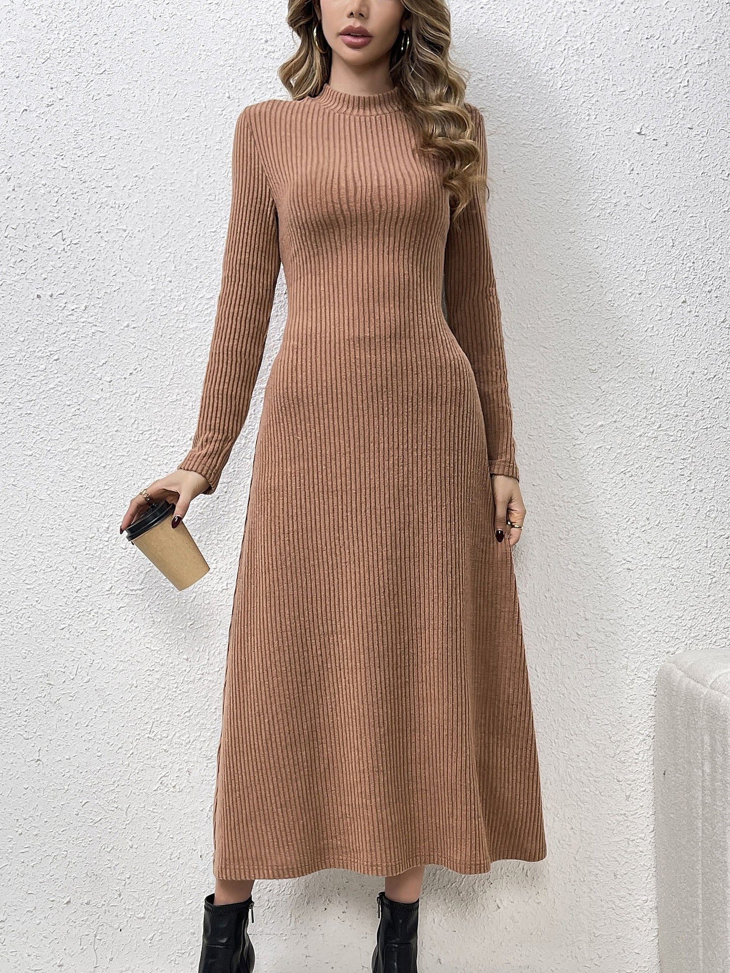 Solid Mock Neck Dress, Elegant Long Sleeve Dress For Fall & Winter, Women's Clothing