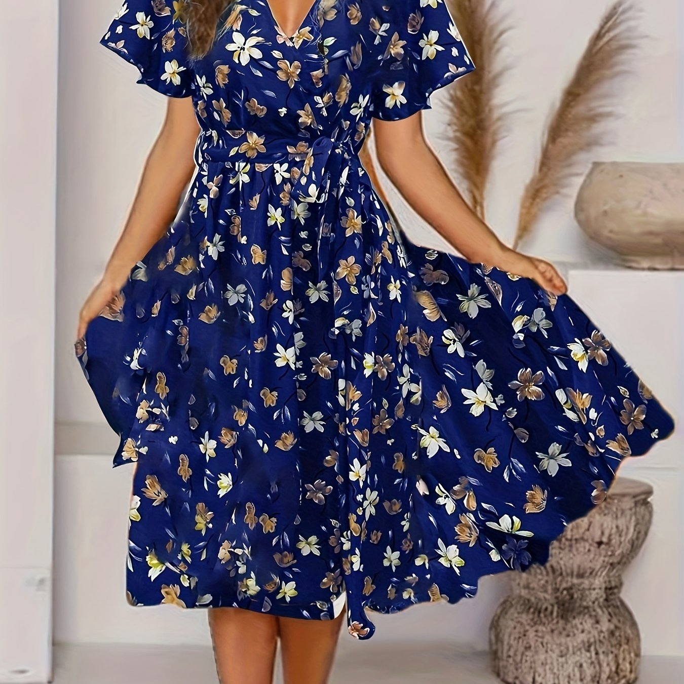 gbolsos Floral Print V Neck Dress, Elegant Knot Pleated Short Sleeve Dress, Women's Clothing