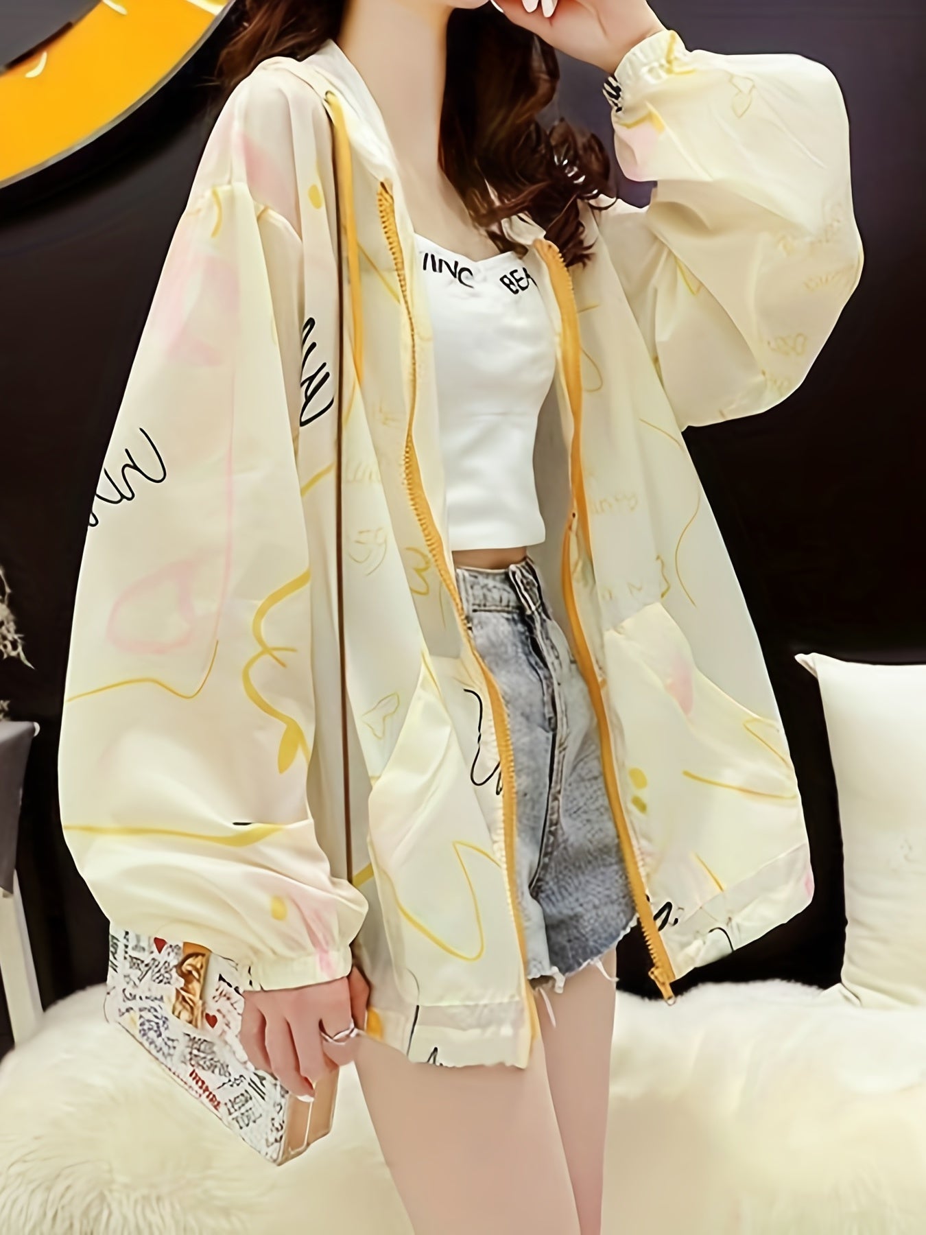 gbolsos Abstract Print Loose Hooded Jacket, Casual Zip Up Long Sleeve Outerwear, Women's Clothing