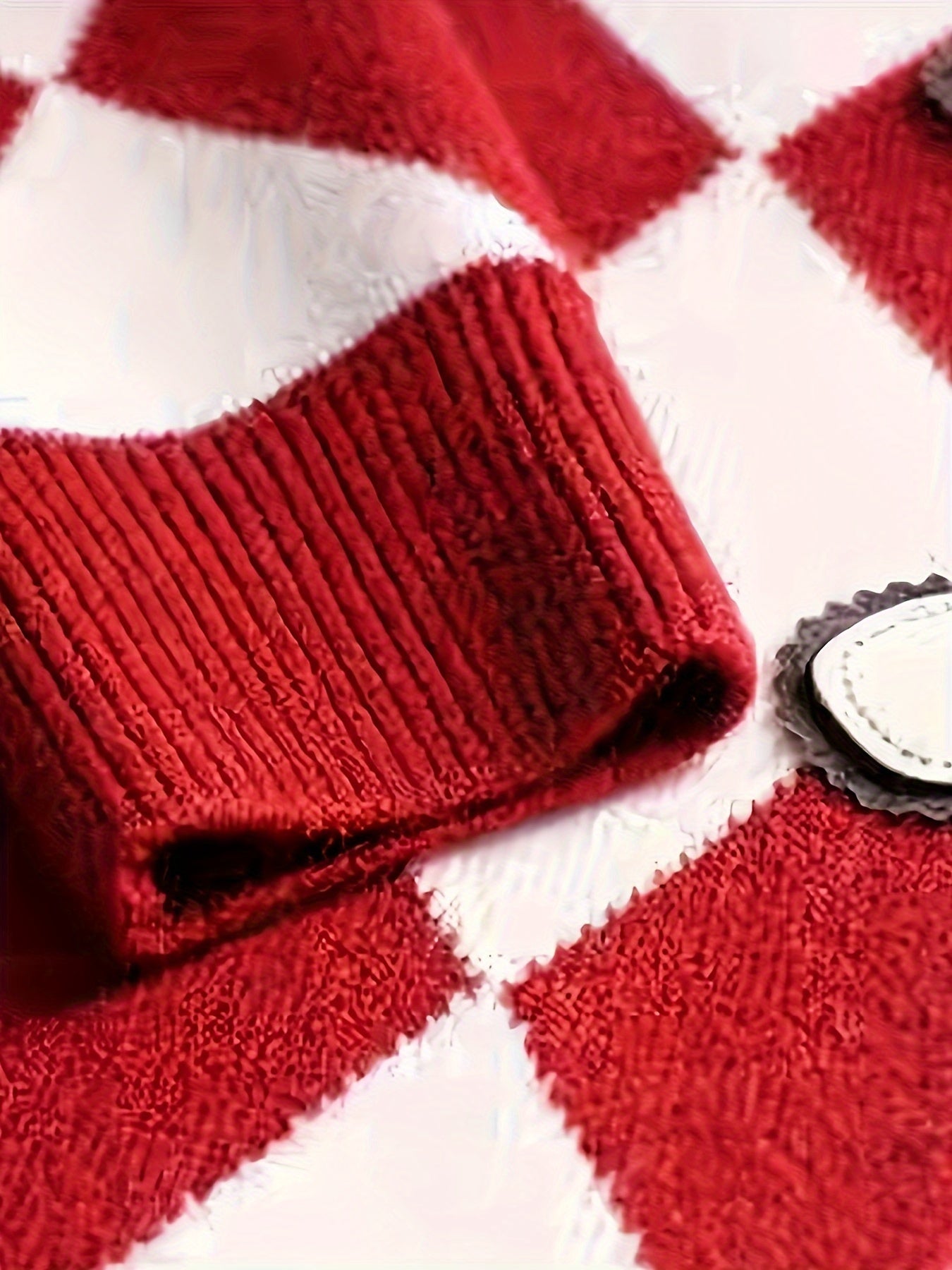 gbolsos Red & White Argyle Loose Cardigans, Vintage V-neck Long Sleeve Fall Winter Knit Cardigan, Women's Clothing