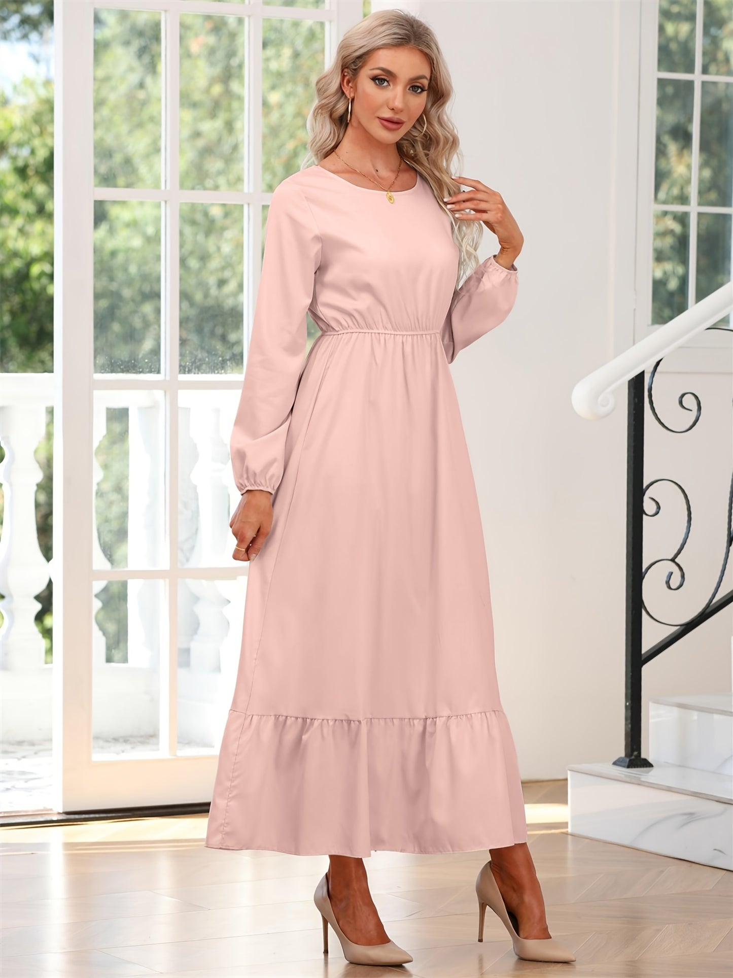 gbolsos Elegant Crew Neck Draped Extra-long Dress, Casual Long Sleeve Solid Elastic Waist Ruffle Hem Party Long Dresses, Women's Clothing
