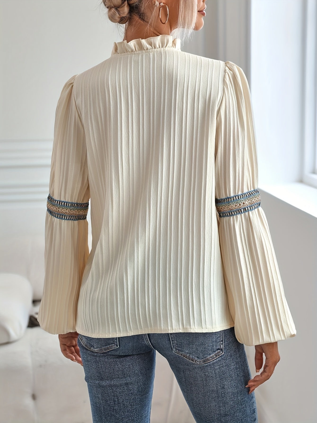 gbolsos Colorful Lace Stitching Blouse, Casual Long Sleeve Blouse For Spring & Fall, Women's Clothing