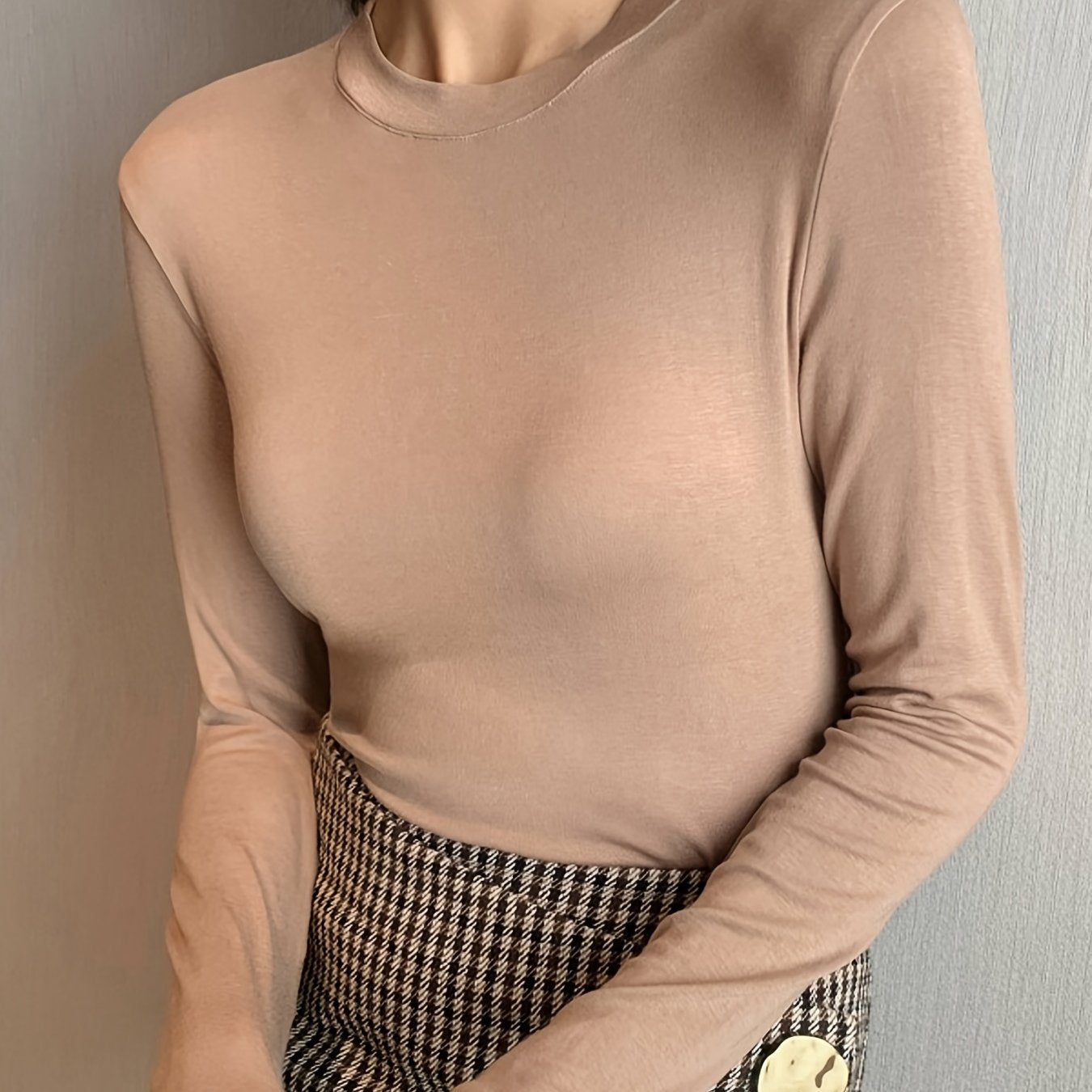 gbolsos Solid Slim T-Shirt, Crew Neck Long Sleeve Stretchy T-Shirt, Casual Every Day Tops, Women's Clothing