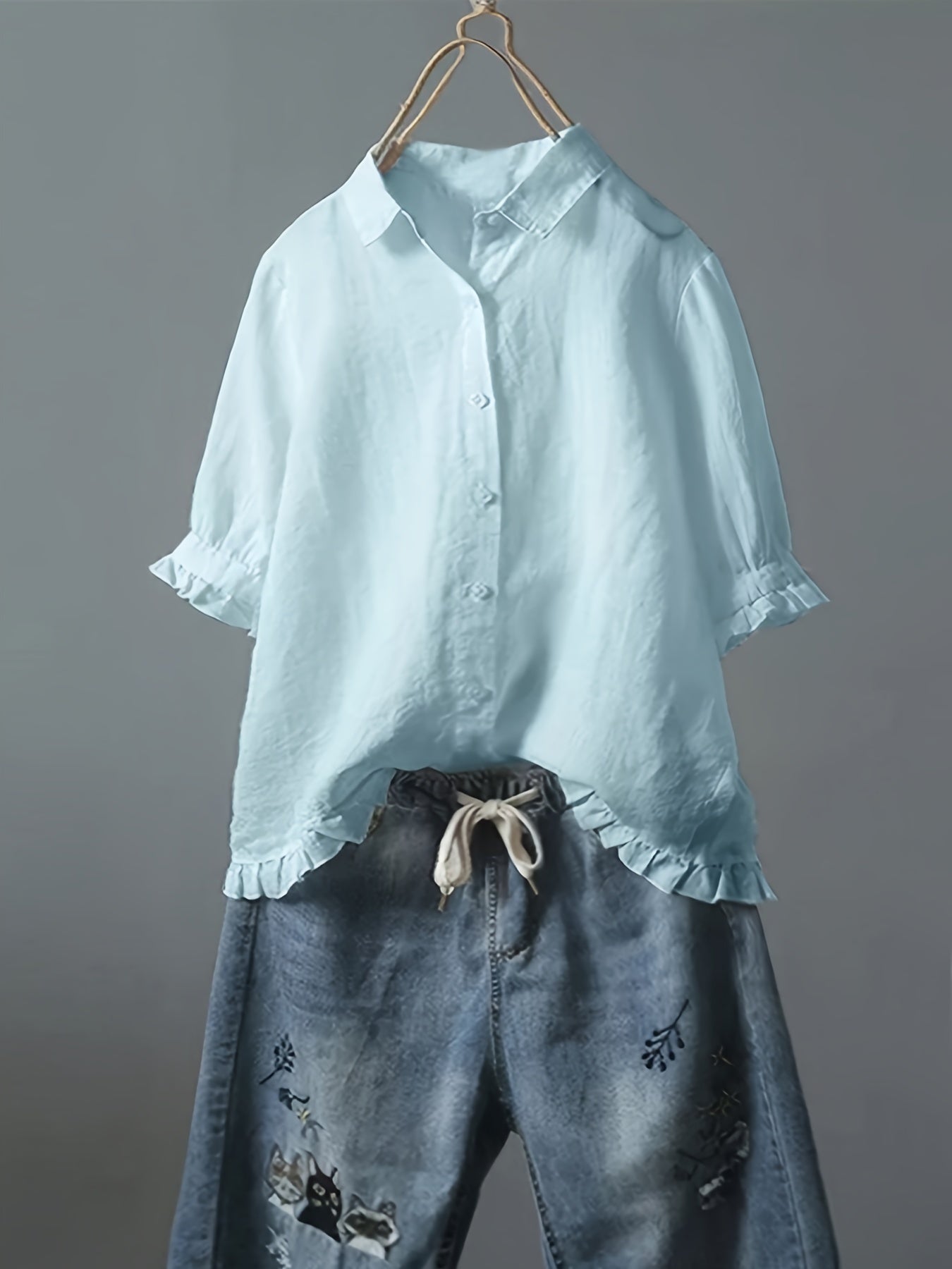Solid Ruffle Trim 3/4 Sleeve T-Shirt, Casual All-Seasons Tops, Women's Clothing