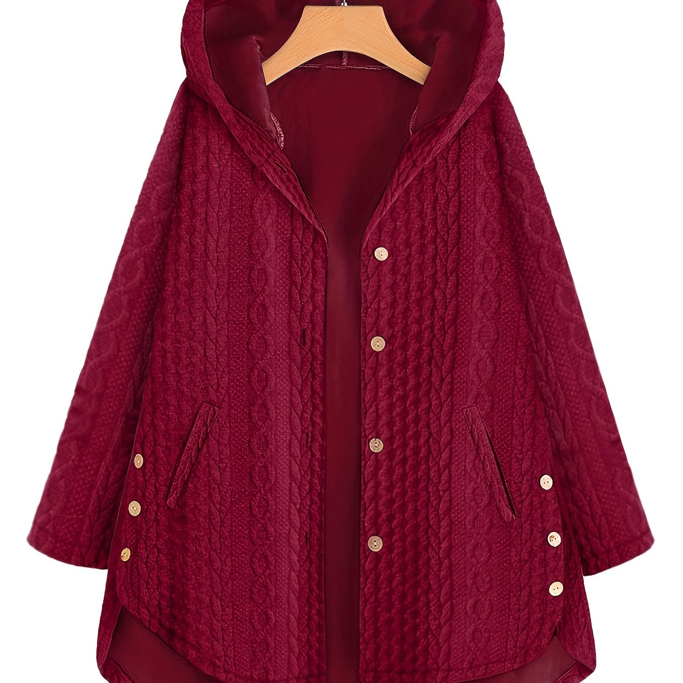 gbolsos Slant Pocket Hooded Coat, Casual Long Sleeve Button Thermal Coat, Women's Clothing