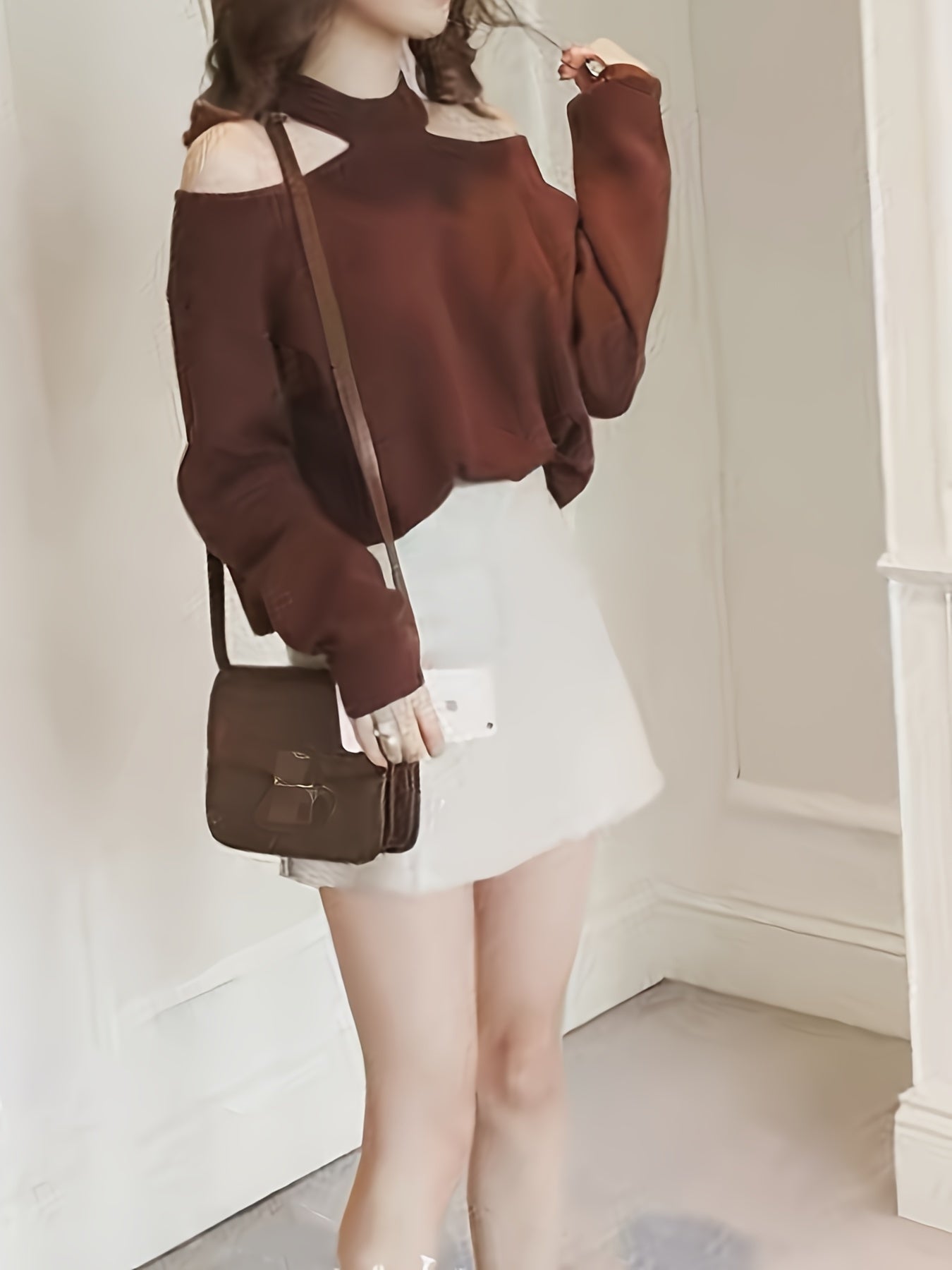 gbolsos Solid Mock Neck Pullover Sweater, Casual Cold Shoulder Long Sleeve Loose Sweater, Women's Clothing