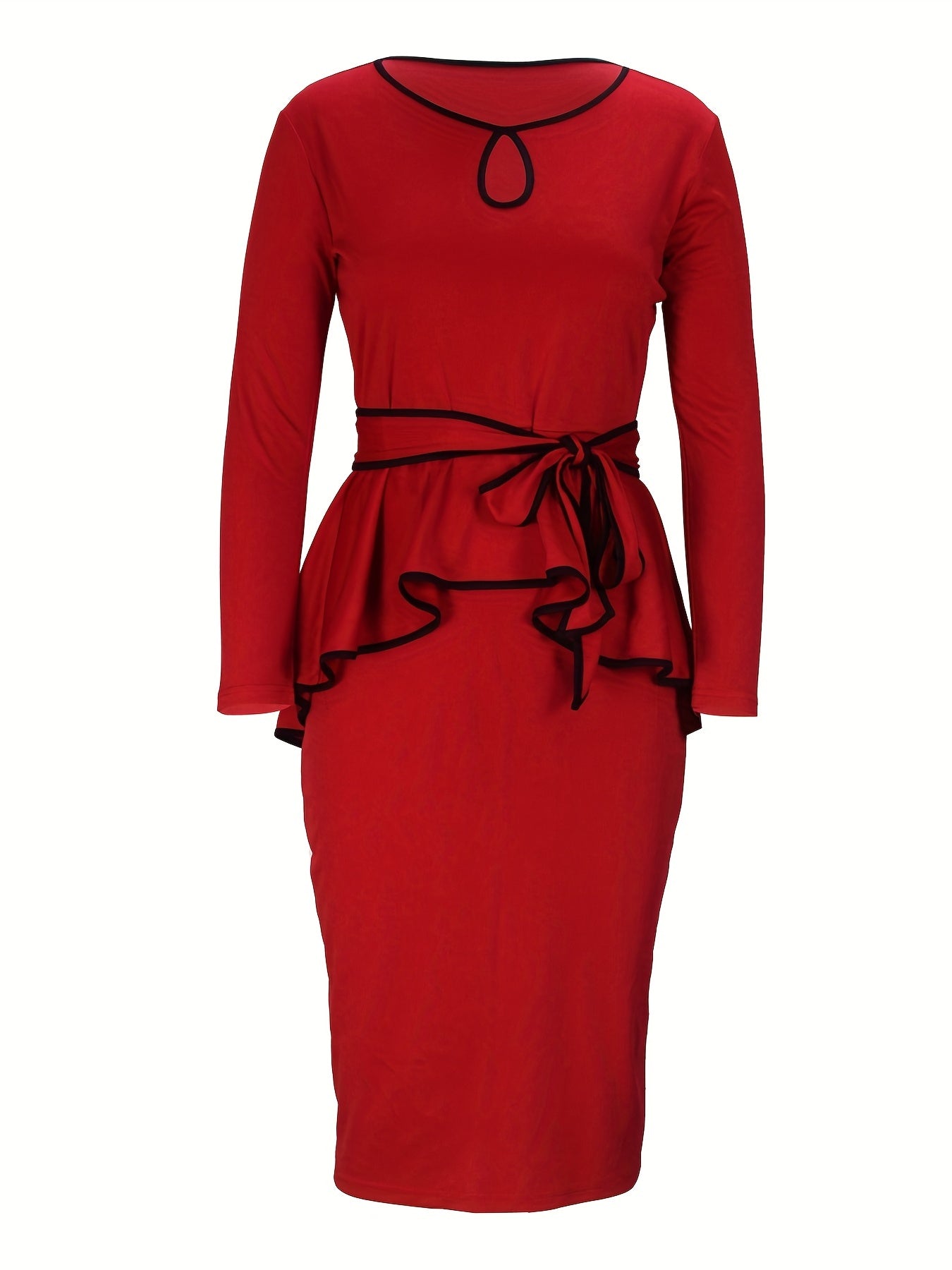 gbolsos Elegant Work Two-piece Set, Long Sleeve Keyhole Tops & Bag Hip Knee Length Skirts Outfits, Women's Clothing