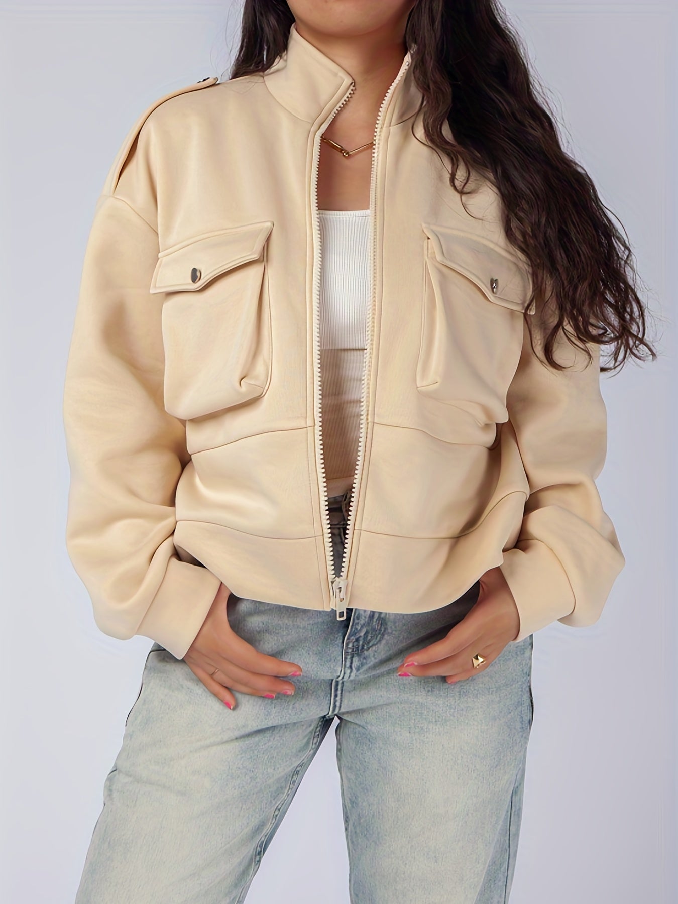 Plus Size Casual Jacket, Women's Plus Solid Zipper Long Sleeve Mock Neck Slight Stretch Jacket