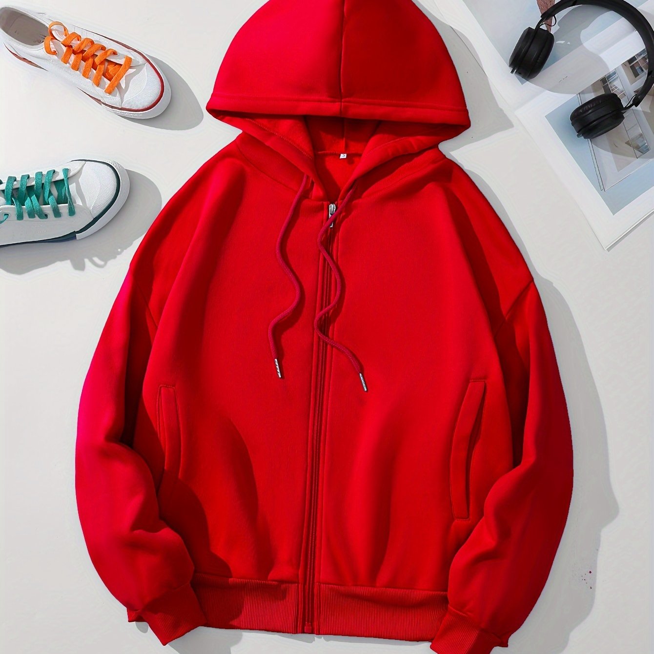 gbolsosSolid Zip Up Hoodie With Pocket, Drawstring Long Sleeves Active Hooded Sweatshirt