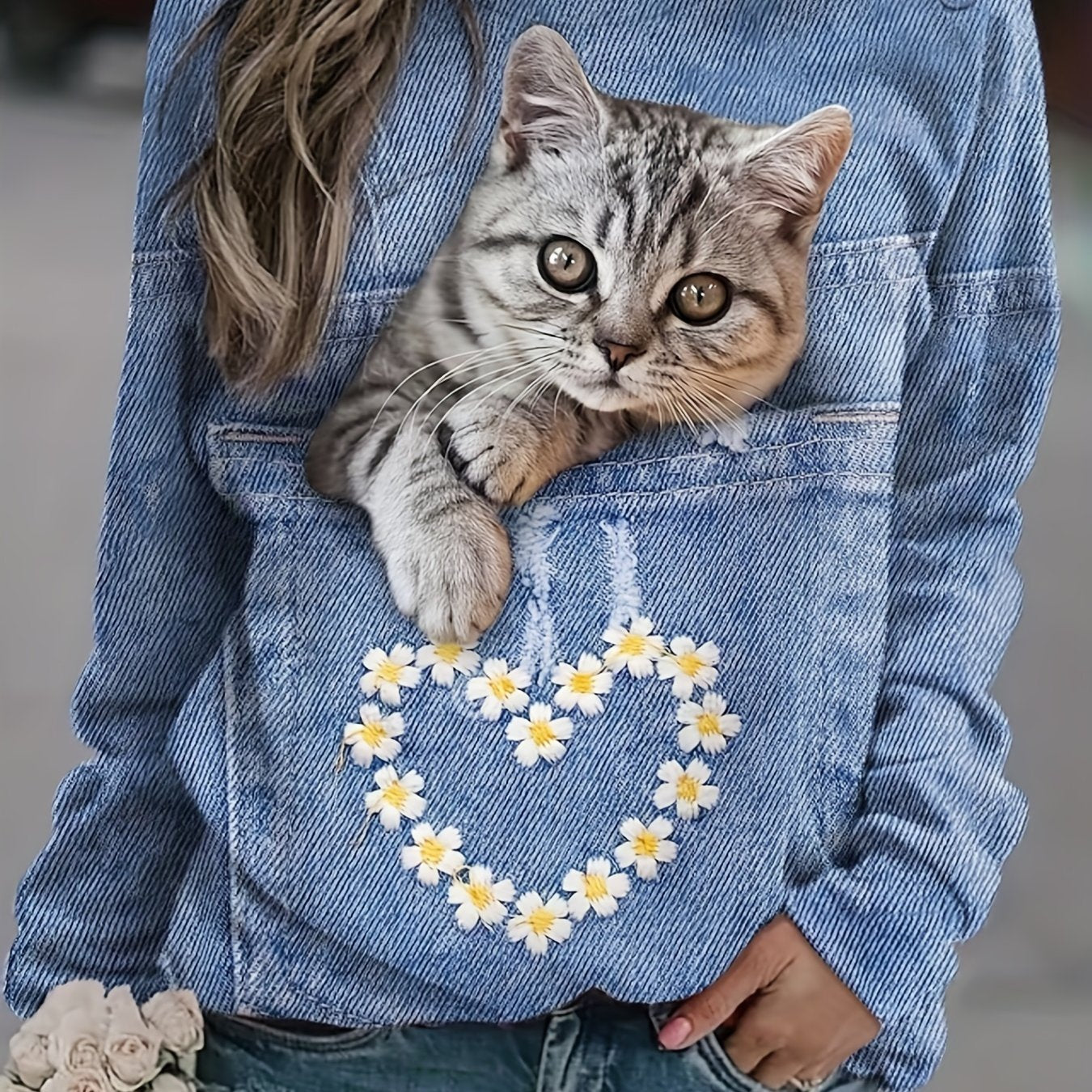 gbolsos Cute Cat Print Sweatshirt, Casual Long Sleeve Crew Neck Sweatshirt For Spring & Fall, Women's Clothing
