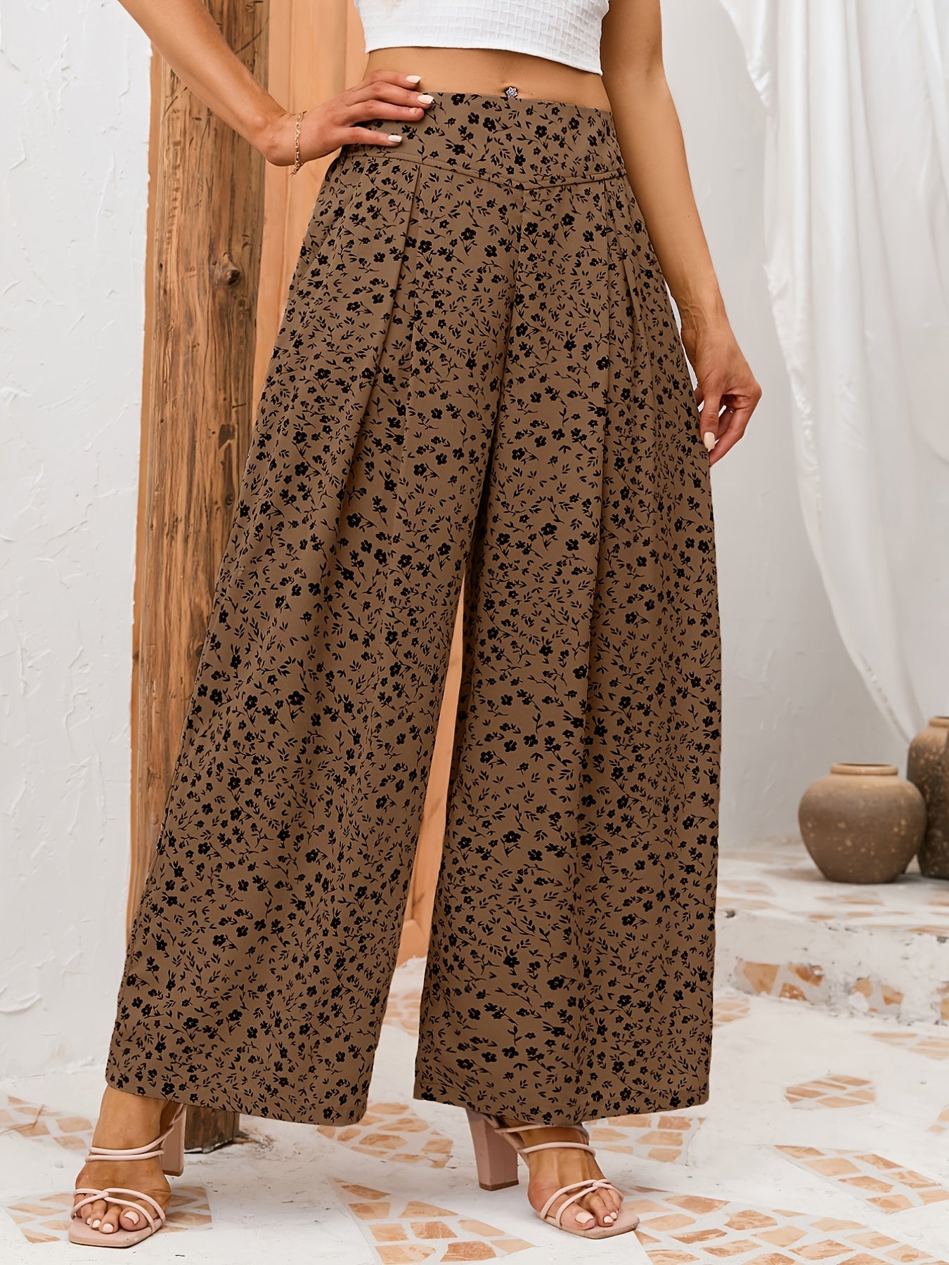 gbolsos Floral Print Wide Leg Pants, Casual Loose Pants For Spring & Summer, Women's Clothing