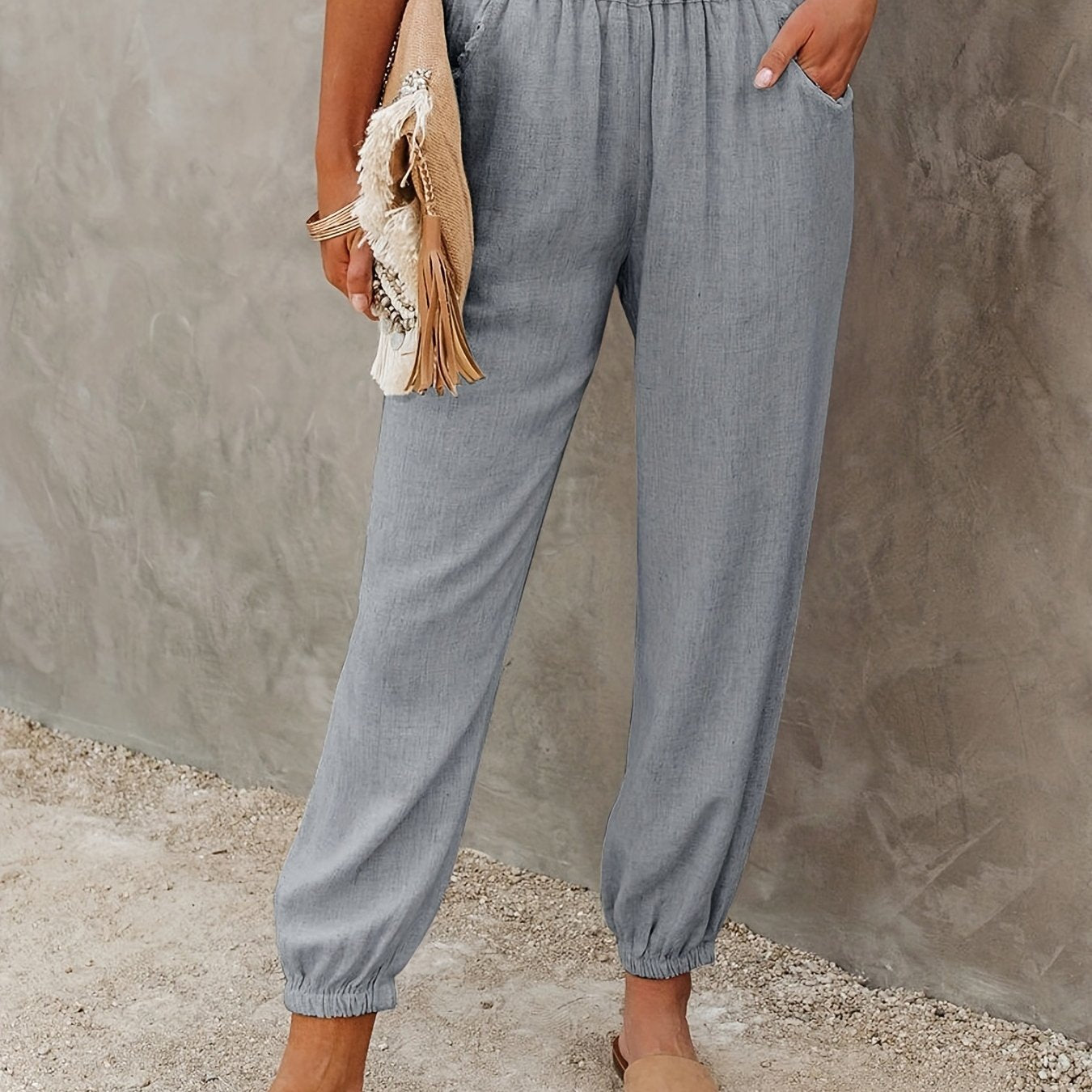 gbolsos Solid Ruched Pants, Casual Elastic High Waist Cropped Pants With Pockets, Women's Clothing