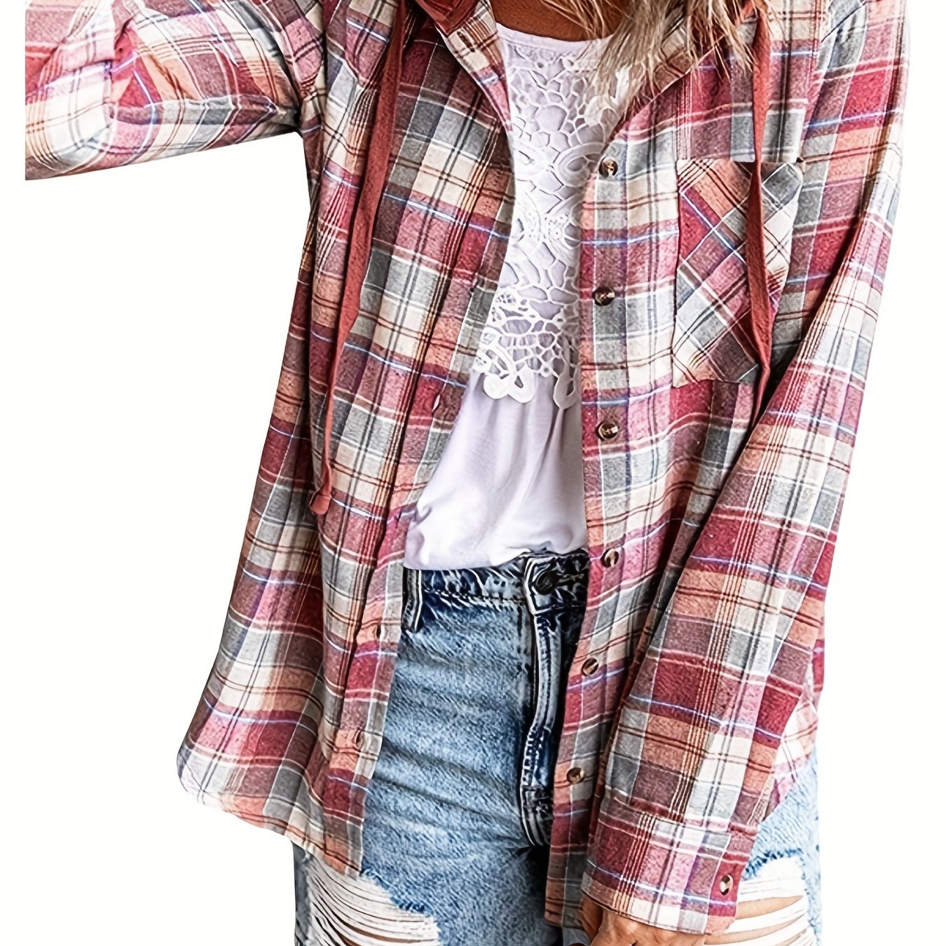 gbolsos Hooded Plaid Print Blouse, Casual Button Front Drawstring Long Sleeve Blouse, Women's Clothing