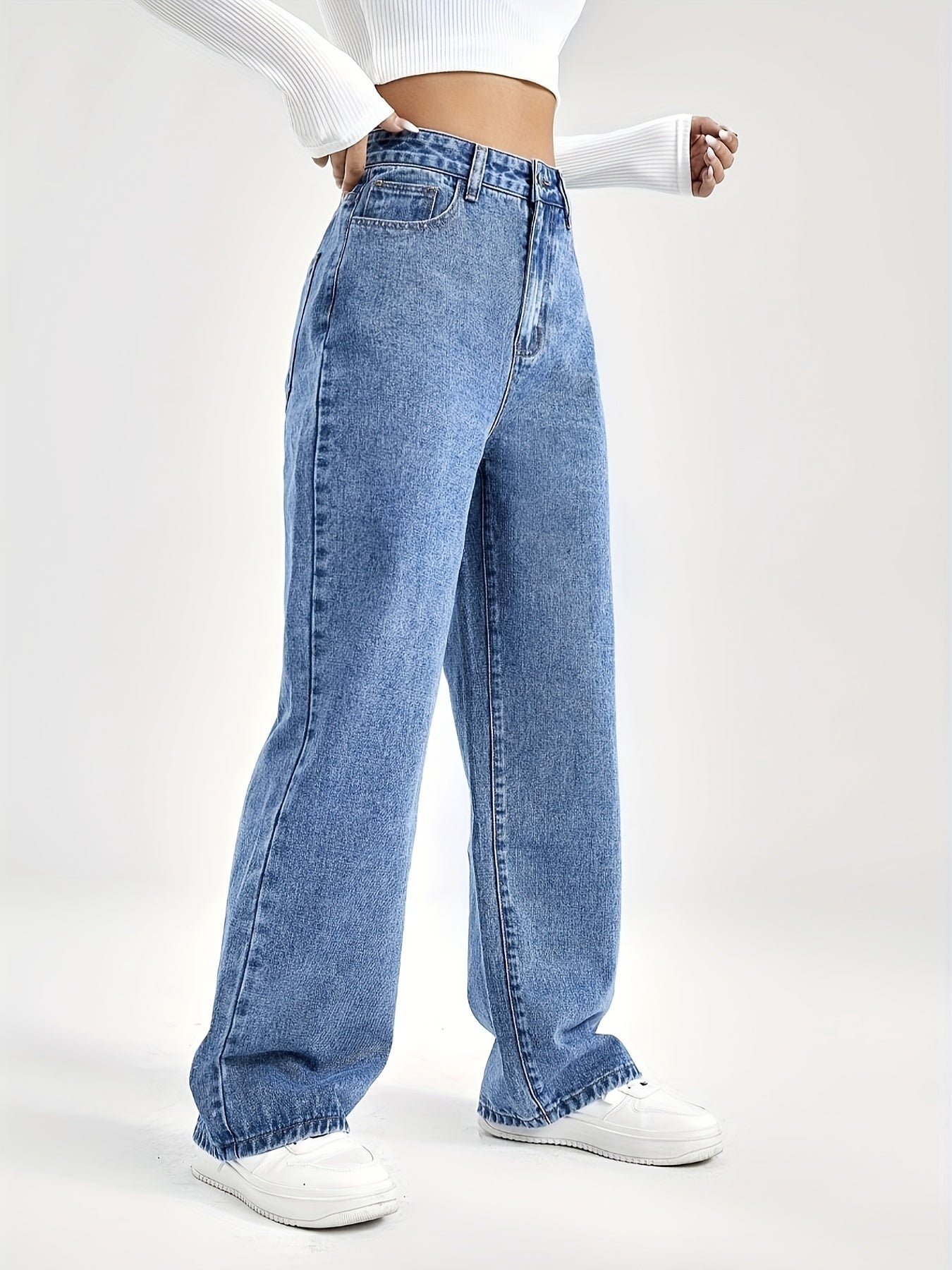 gbolsos Slant Pocket Wide Leg Jeans, Button Zipper Closure Loose Leisure Denim Pants, Women's Denim Jeans & Clothing
