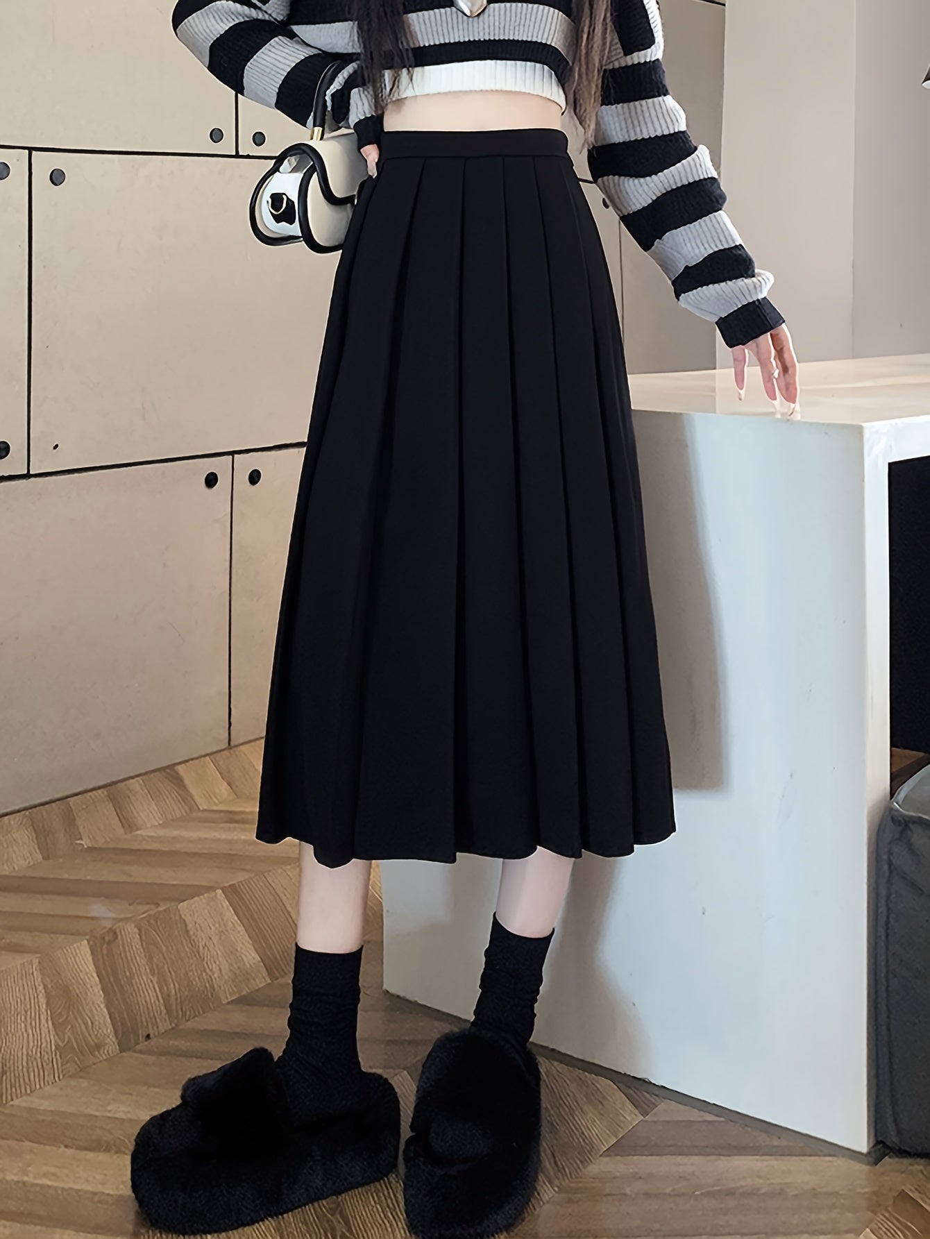 gbolsos Solid High Waist Pleated Skirt, Casual Draped A Line Midi Skirt, Women's Clothing