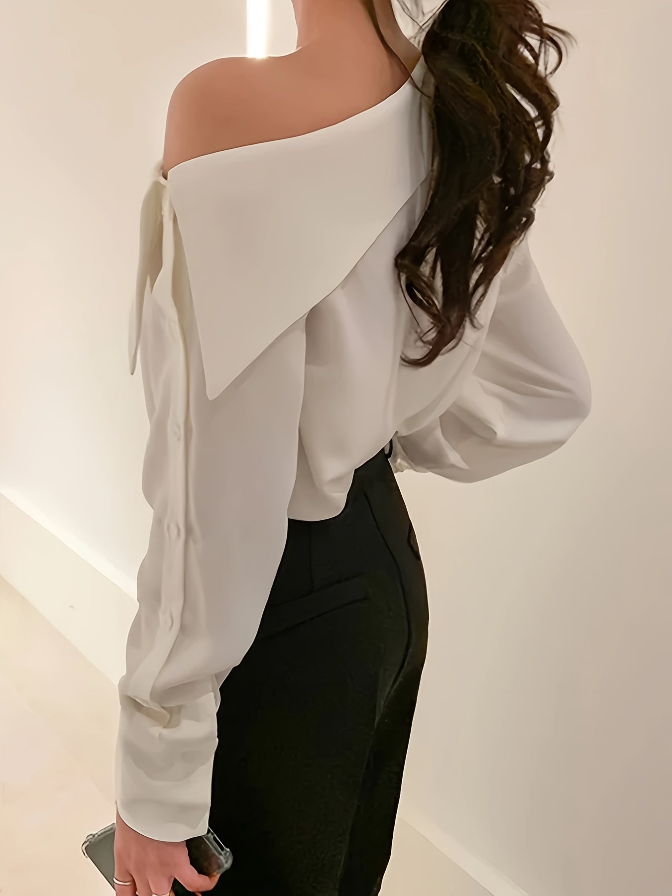 gbolsos Solid Color Asymmetrical Cold Shoulder Blouse, Vintage Long Sleeve Blouse For Every Day, Women's Clothing