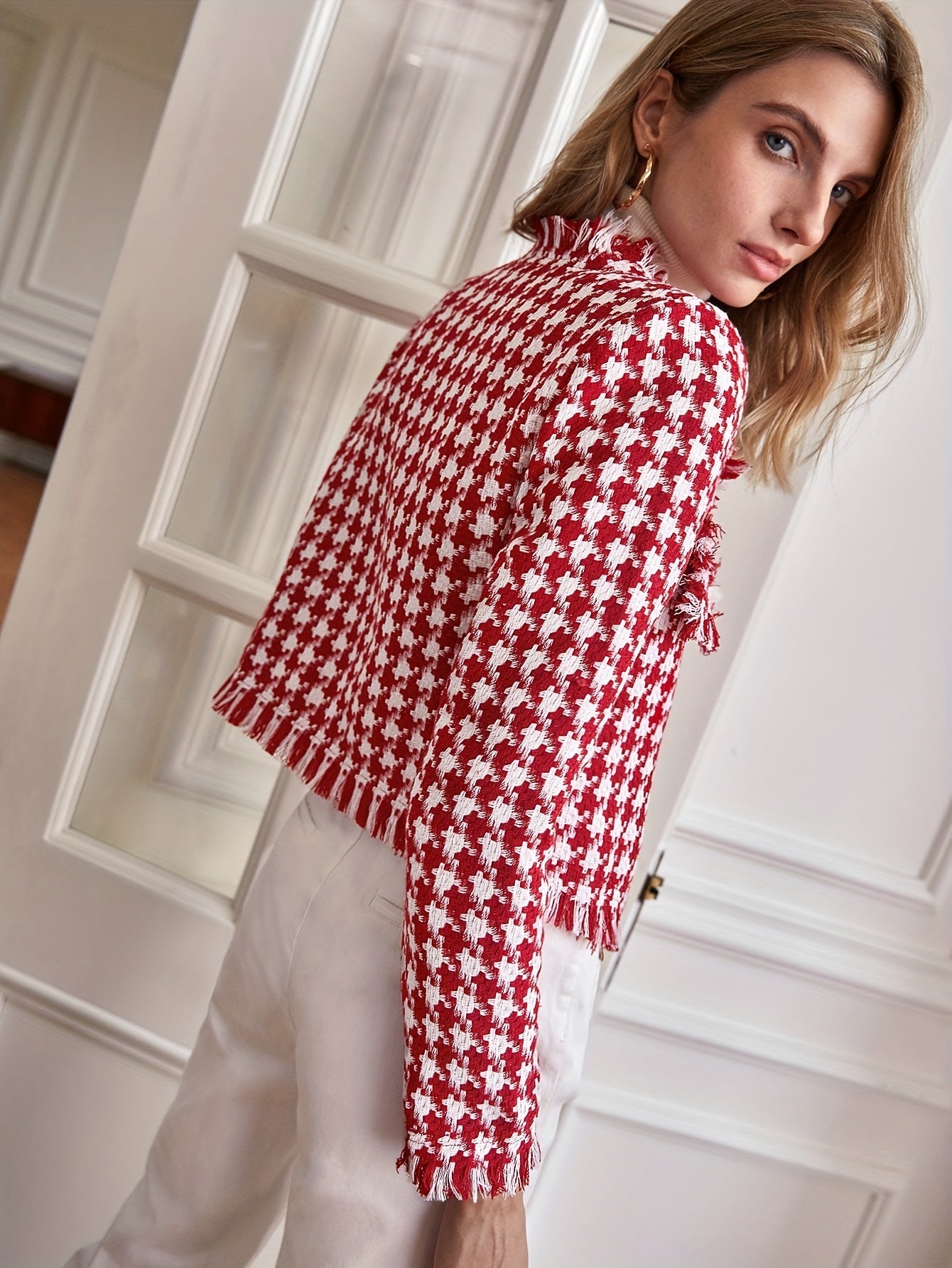 gbolsos Plaid Raw Hem Jacket, Casual Open Front Long Sleeve Outerwear, Women's Clothing