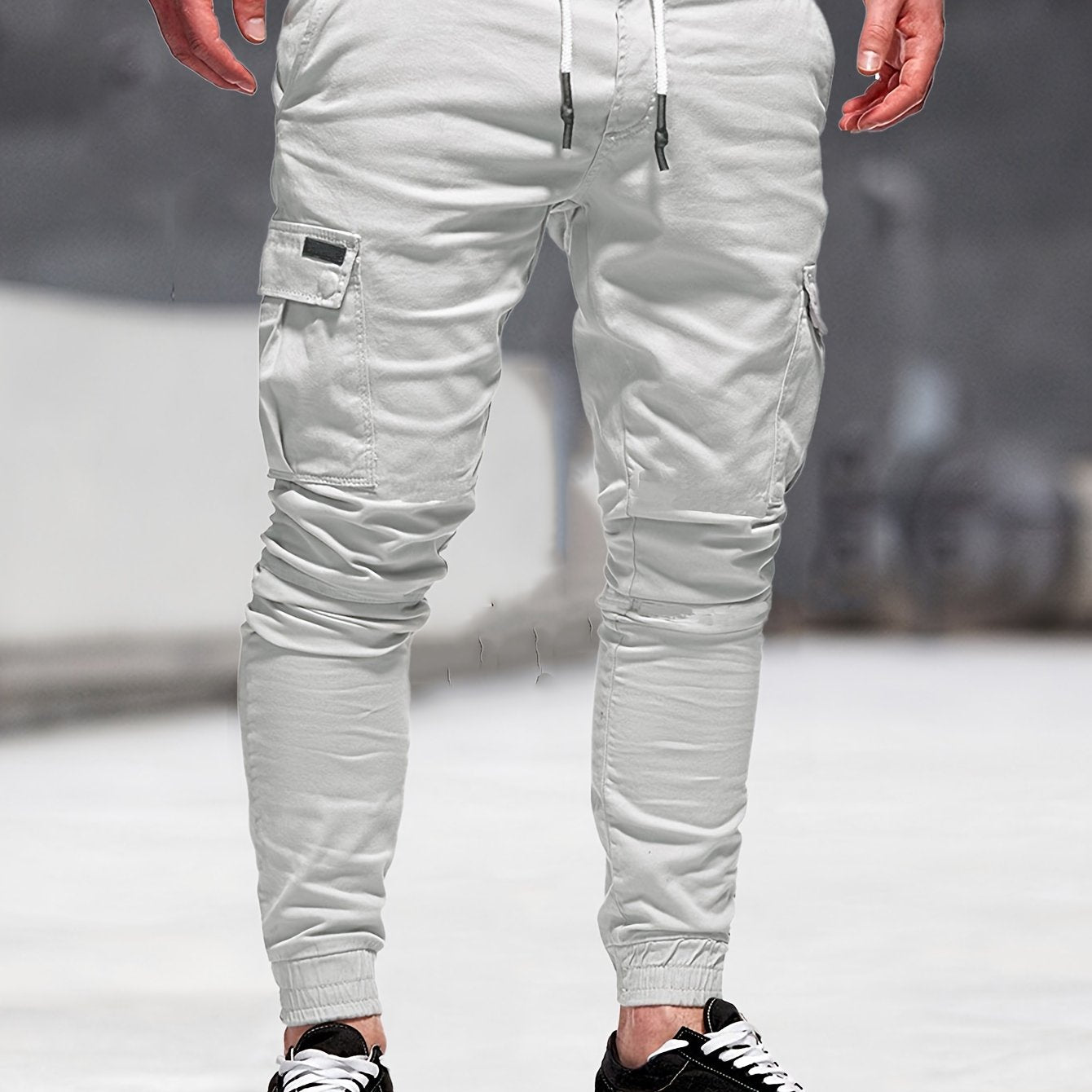 gbolsos Solid Multi Flap Pockets Men's Drawstring Cargo Pants, Slim Fit Elastic Casual Outdoor Pants, Men's Work Pants