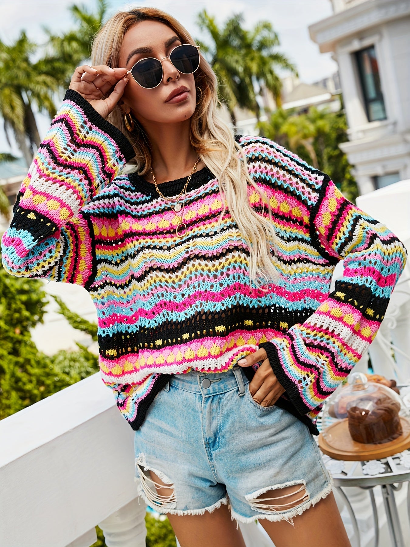 gbolsos Hollow Striped Knit Sweater, Casual Crew Neck Long Sleeve Sweater, Women's Clothing