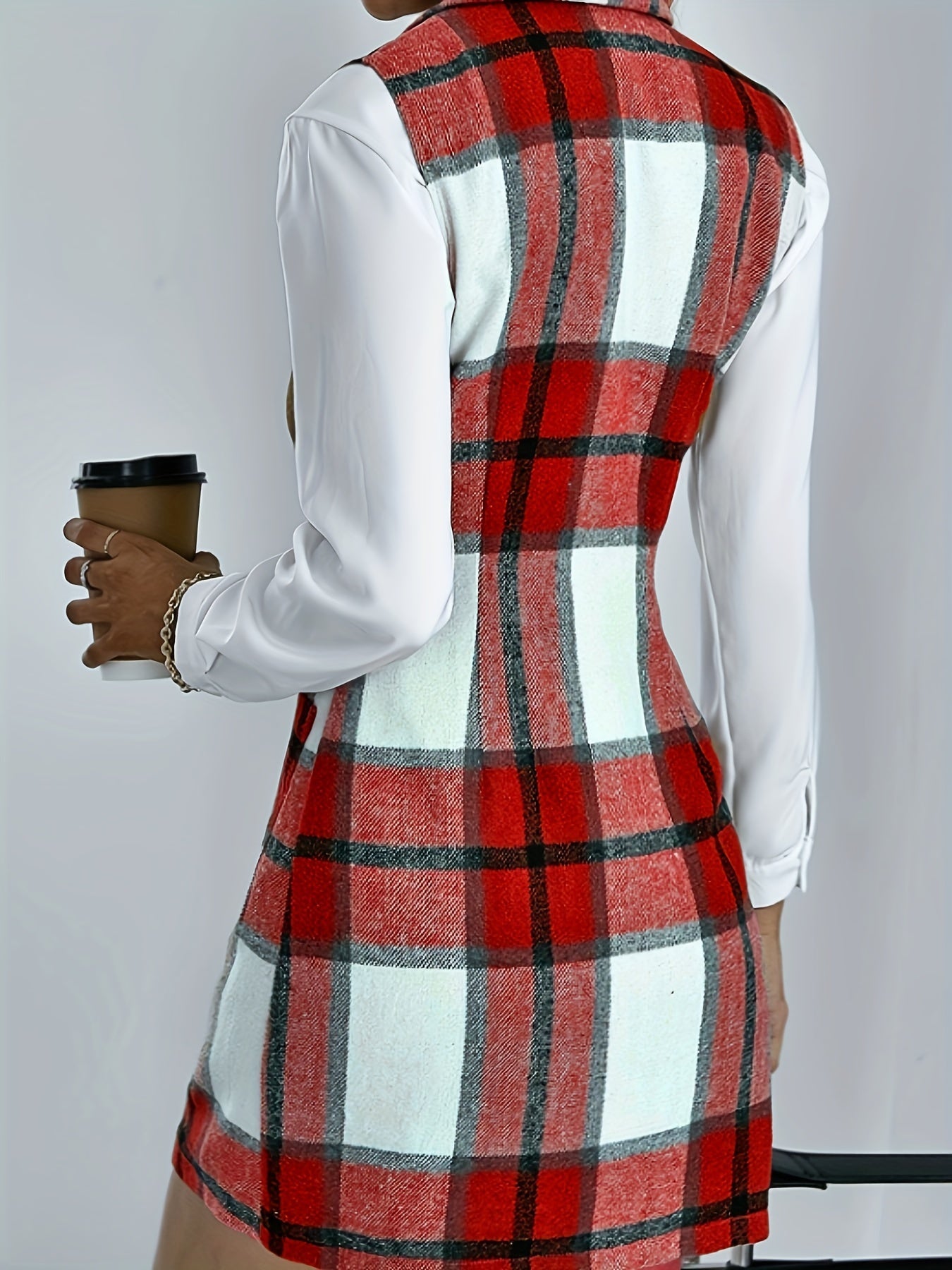 gbolsos Lapel Sleeveless Plaid Cardigan, Mature Double Breasted Button Pockets Mid Length Sweater, Women's Clothing
