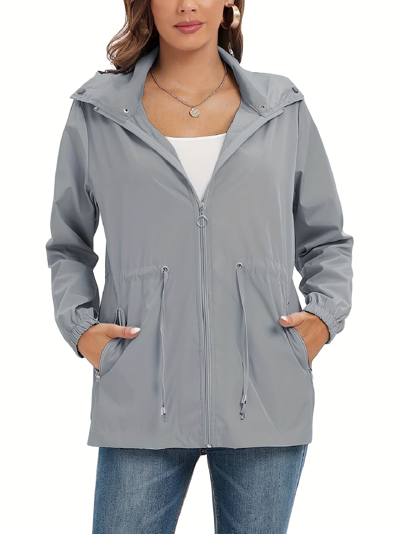 gbolsos Solid Hooded Rain Jacket, Casual Zip Up Long Sleeve Outerwear, Women's Clothing
