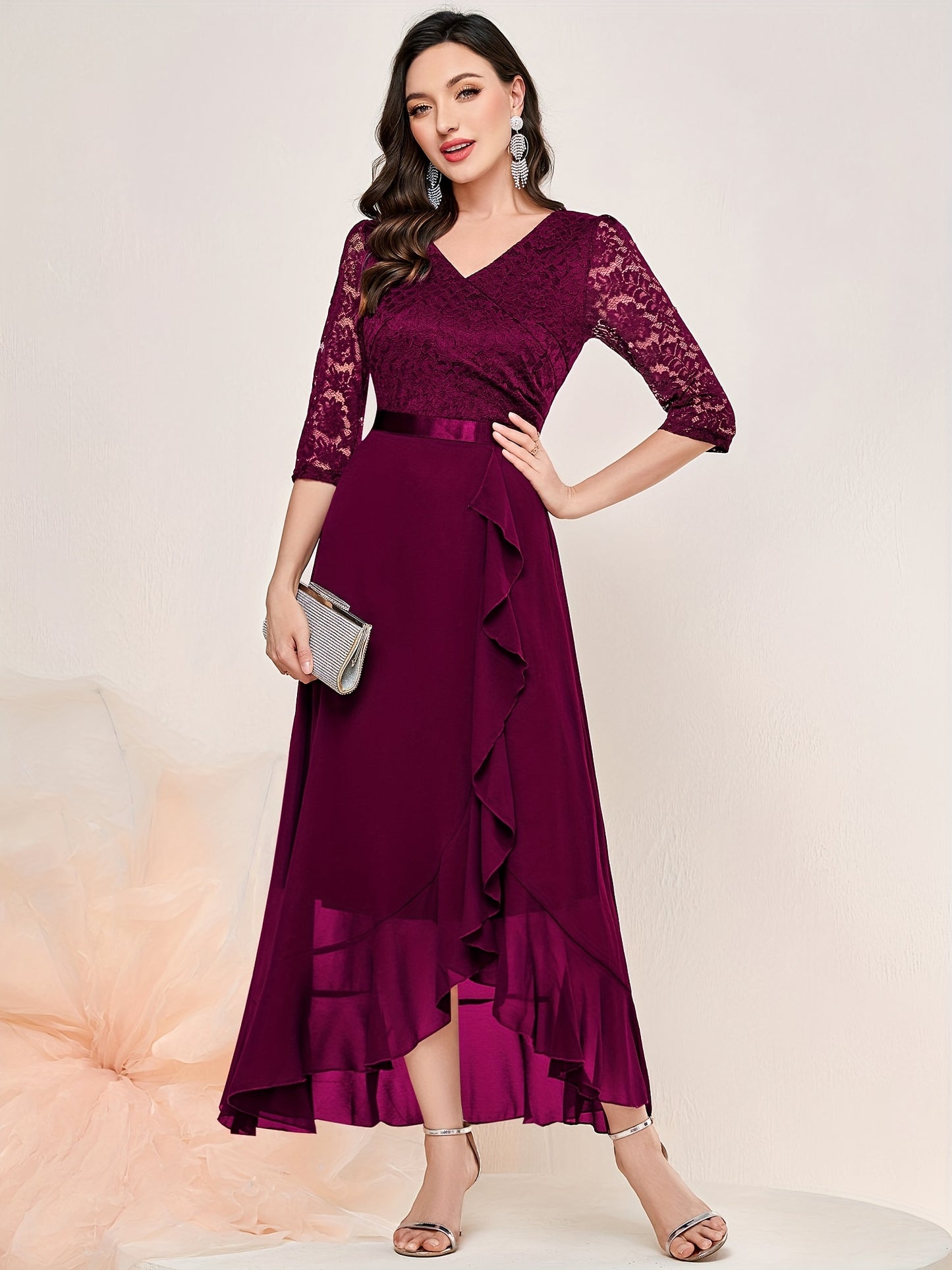 gbolsos Solid V Neck Lace Splicing Dress, Elegant Ruffle Trim Dress For Wedding & Banquet, Women's Clothing