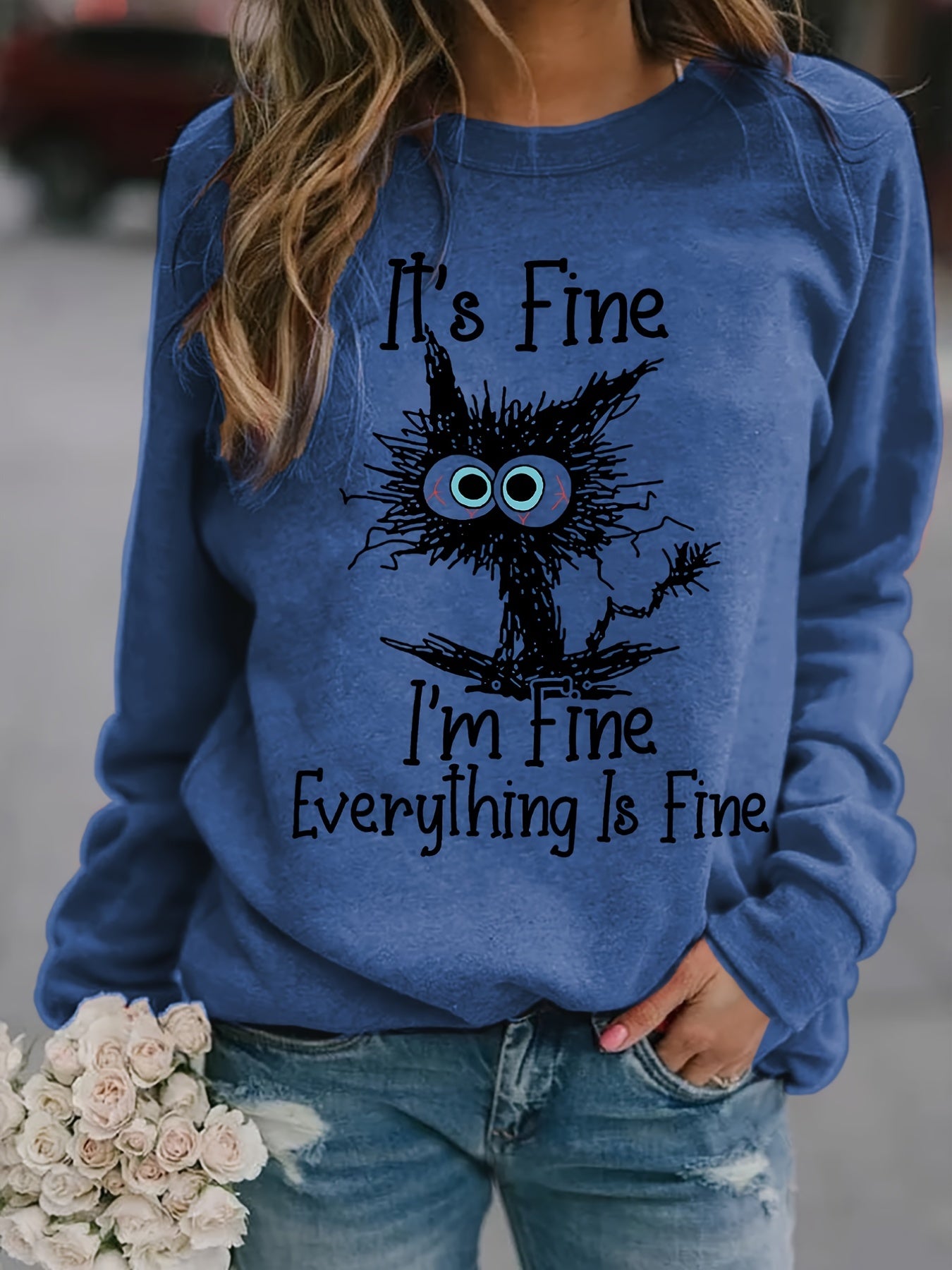 gbolsos It's Fine Cartoon Cat Print Sweatshirt, Long Sleeve Crew Neck Casual Sweatshirt For Winter & Fall, Women's Clothing