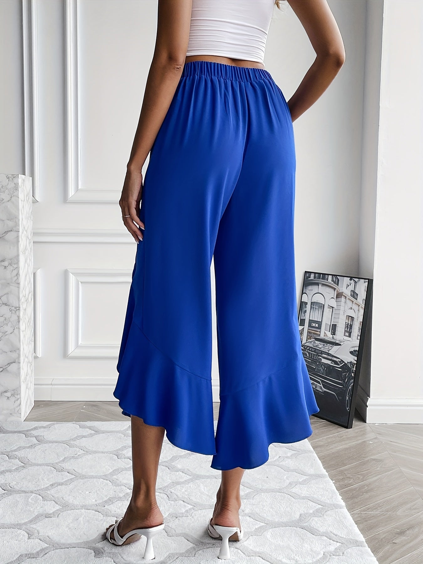gbolsos Tie Front Irregular Ruffle Trim Pants, Casual Loose Pants For Spring & Fall, Women's Clothing