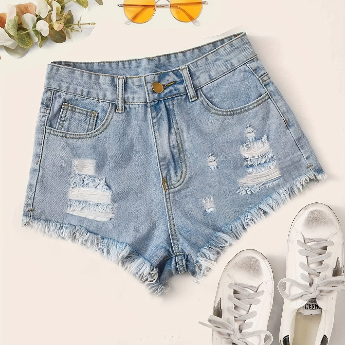 gbolsosHigh Waist Distressed Ripped Shorts, Raw Hem Slash Pockets Vintage Denim Pants, Women's Denim Jeans & Clothing