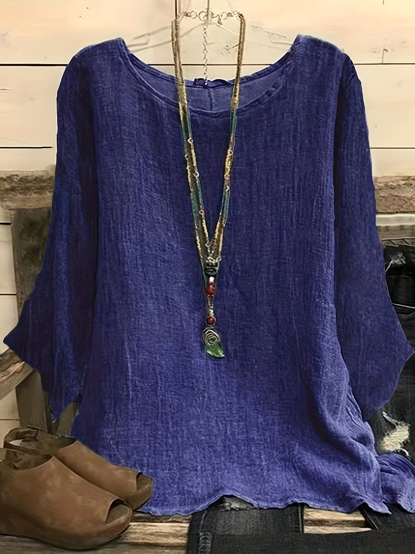 solvbao Plus Size Casual Top, Women's Plus Solid Long Sleeve Round Neck Oversized Tunic Top