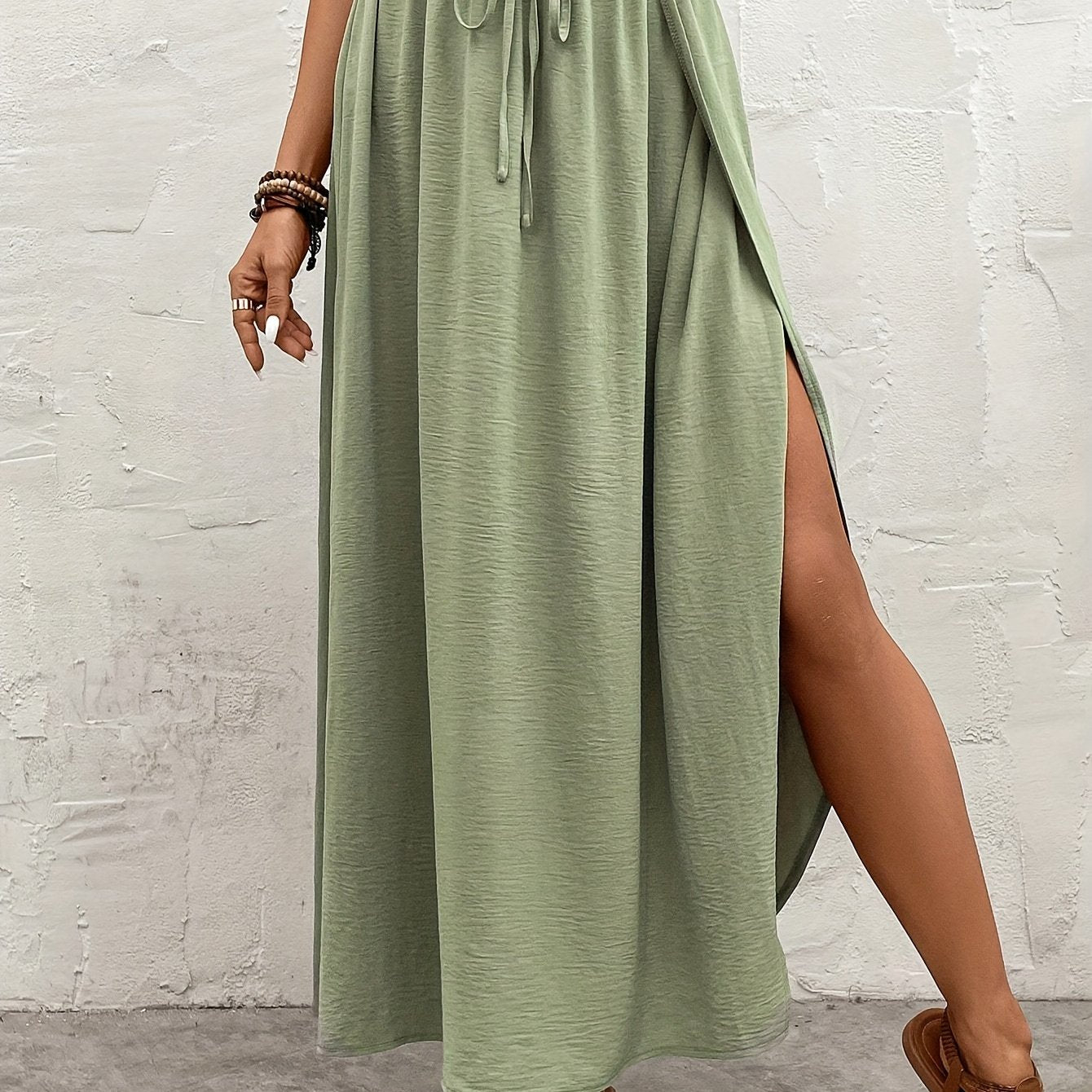 gbolsos Solid Paper Bag Waist Skirt, Casual Split Beach Maxi Skirt, Women's Clothing