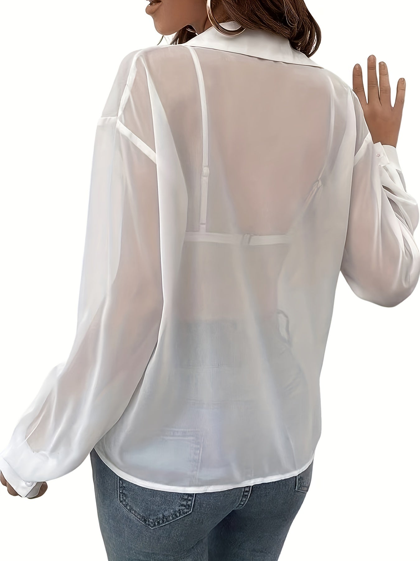 gbolsos Casual Sheer Mesh Blouse, Long Sleeve Blouse With Buttons, Women's Clothing