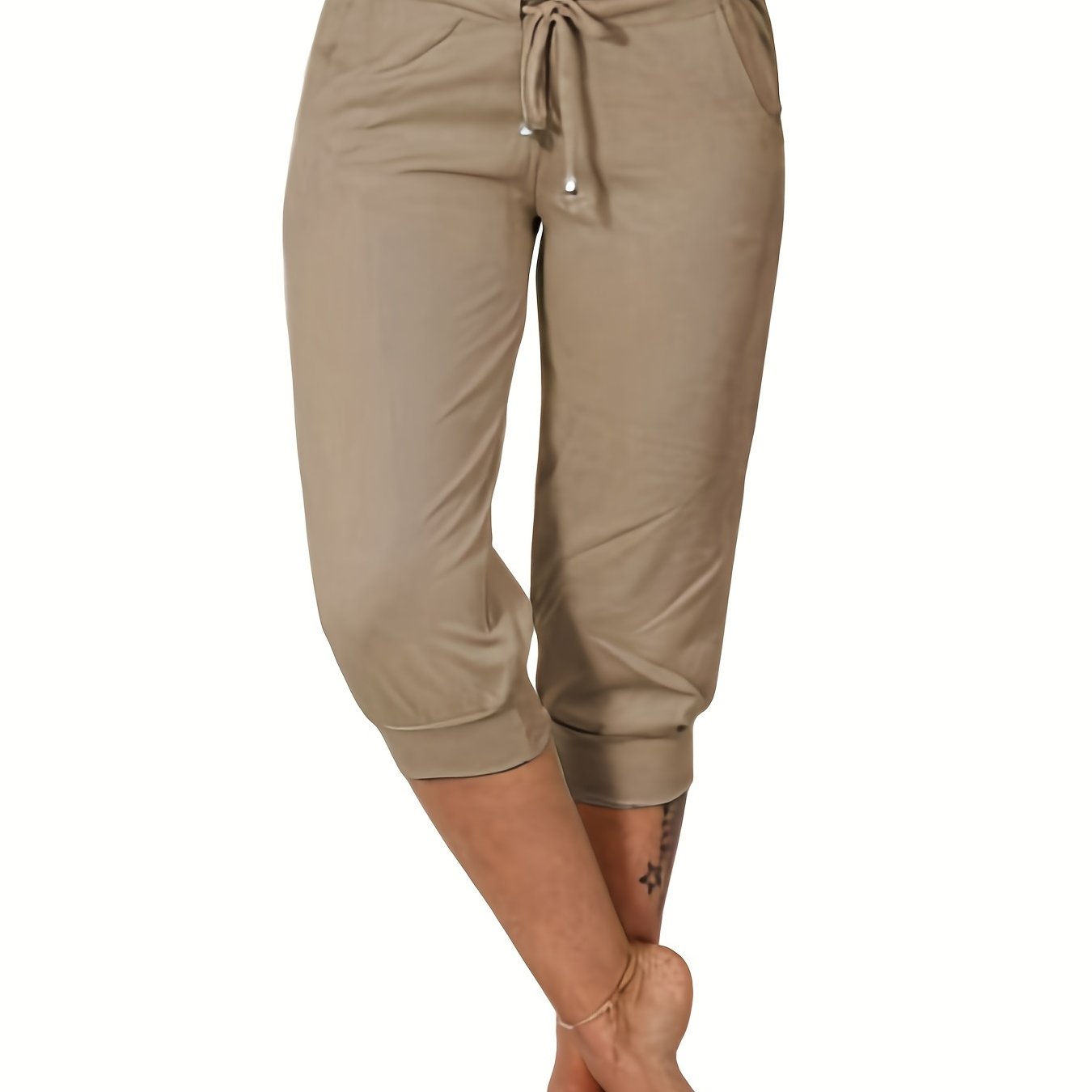 gbolsos Drawstring Workout Cropped Pants, Casual Solid Summer Pants With Pockets, Women's Clothing