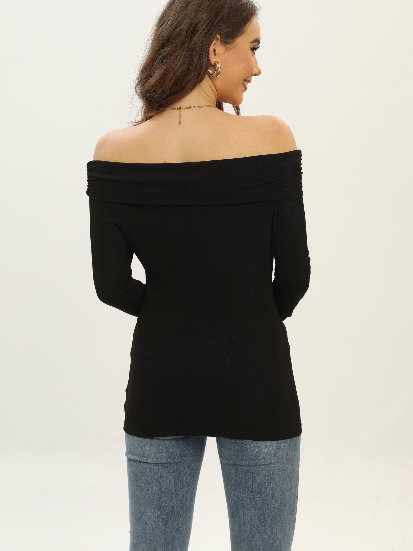 gbolsos Solid Slim Off Shoulder T-Shirt, Casual Long Sleeve Top For Spring & Fall, Women's Clothing
