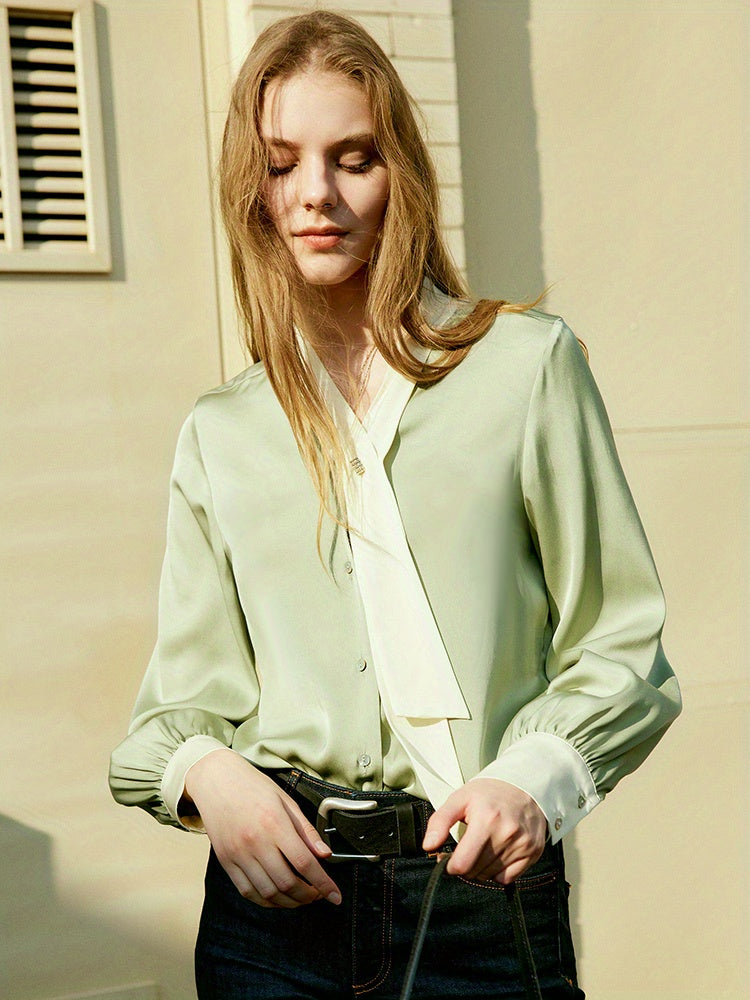 gbolsos Ruched V Neck Blouse, Elegant Long Sleeve Simple Blouse, Women's Clothing