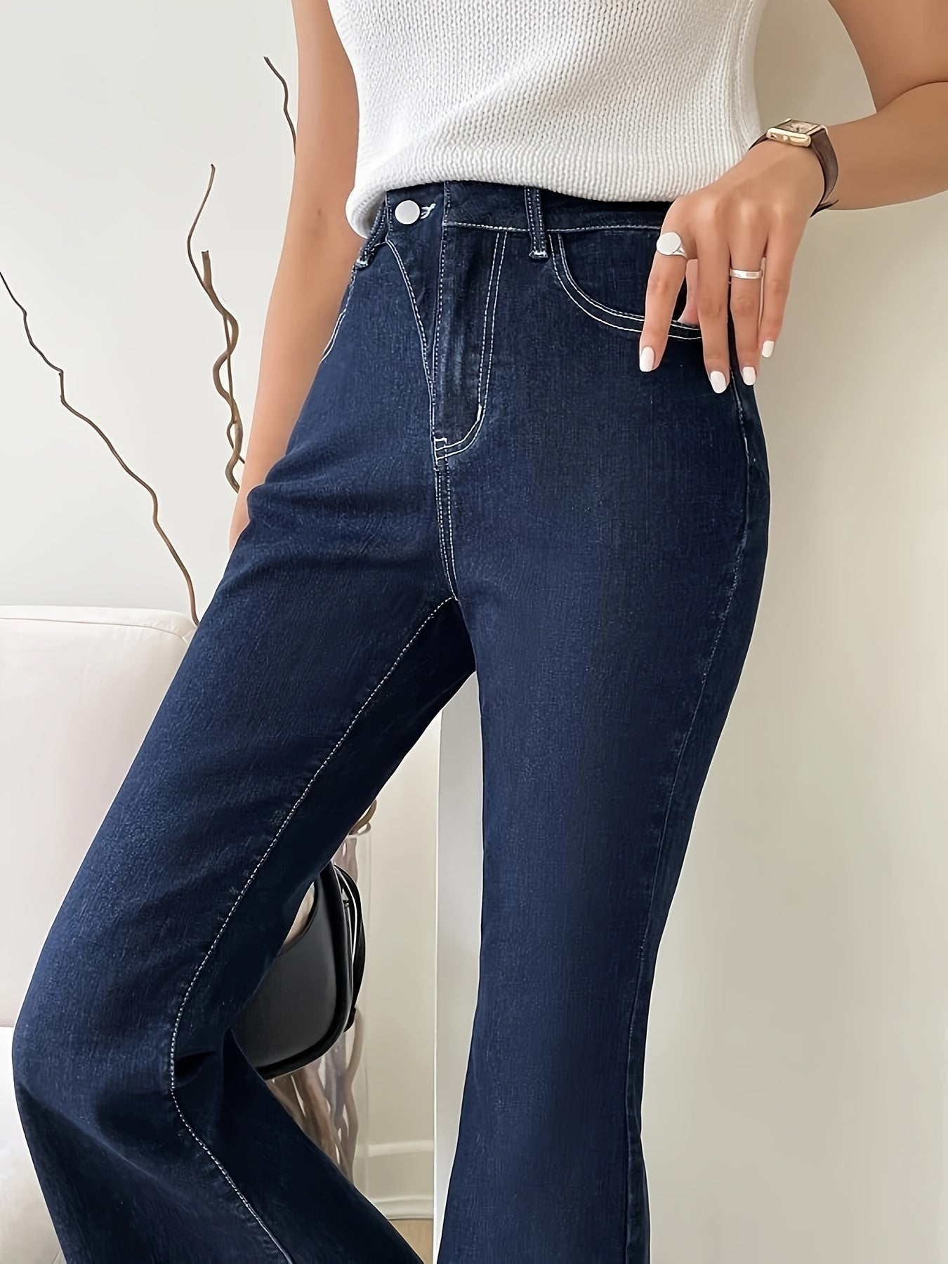 Contrast Seam Stitching Asymmetric Button Waist Detail Flare Leg Jeans, Plain Dark Blue Medium Stretch Unique Denim Pants, Women's Denim Jeans & Clothing