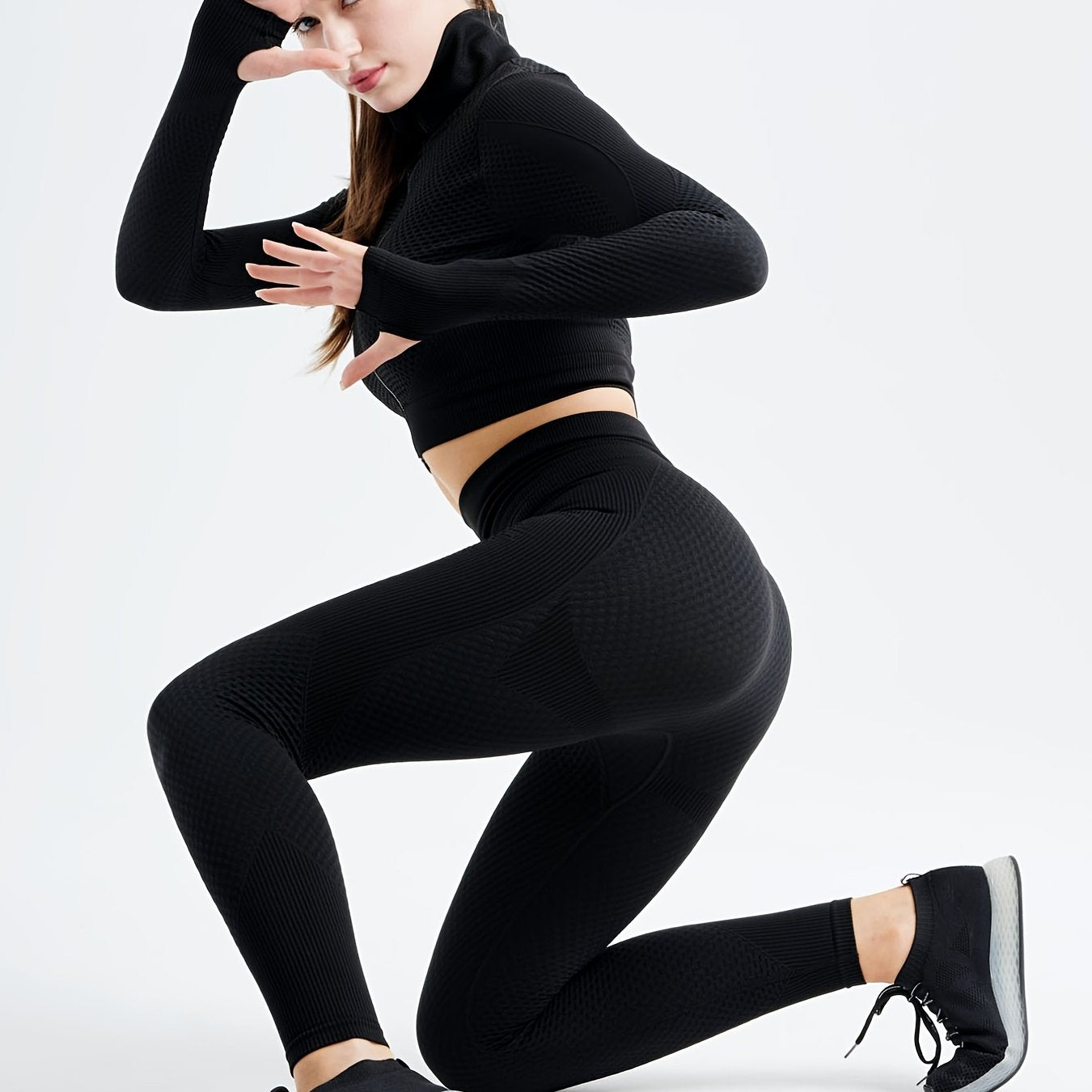 gbolsos 2pcs Seamless Knitting Suits, Full Zipper Long Sleeve Thumb Hole Cropped Top & Slimming High Waist Leggings Set, Women's Activewear