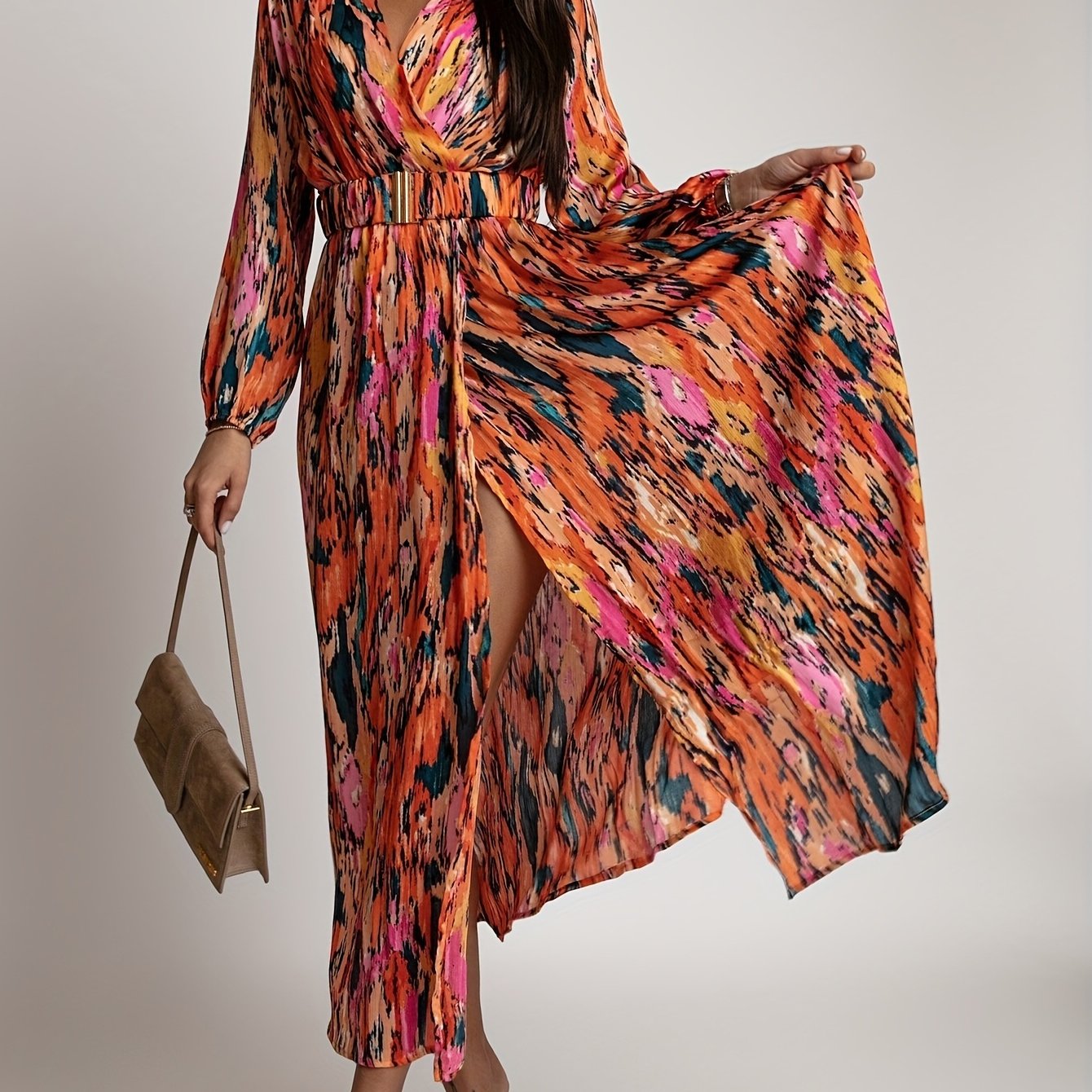 gbolsos Full Printed Surplice Neck Dress, Boho Long Sleeve Maxi Dress, Women's Clothing
