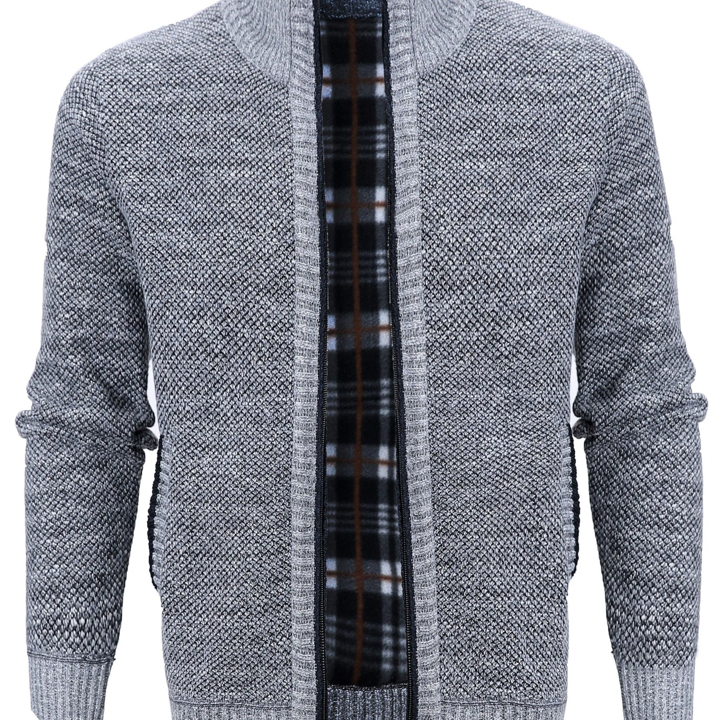 gbolsos Warm Zip Up Jacket Sweater, Men's Casual Lapel Mid Stretch Slant Pocket Solid Color Cardigan For Fall Winter