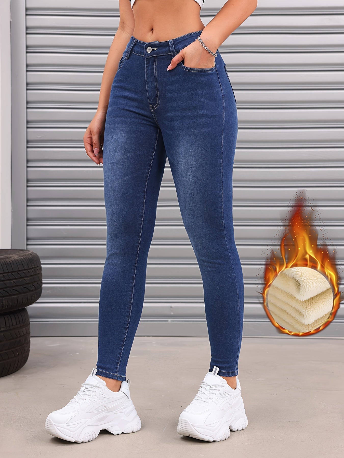 Fleece Liner Washed Skinny Jeans, Mid-Stretch Keep Warm Slim Fit Tight Jeans, Women's Denim Jeans & Clothing
