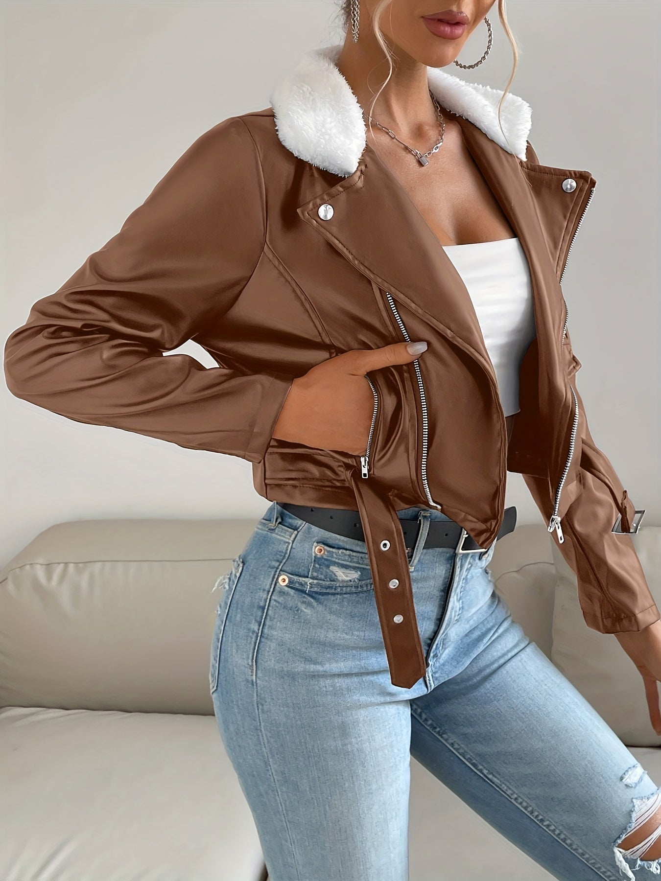 gbolsos Zip Up PU Leather Jacket, Casual Long Sleeve Solid Outerwear, Women's Clothing