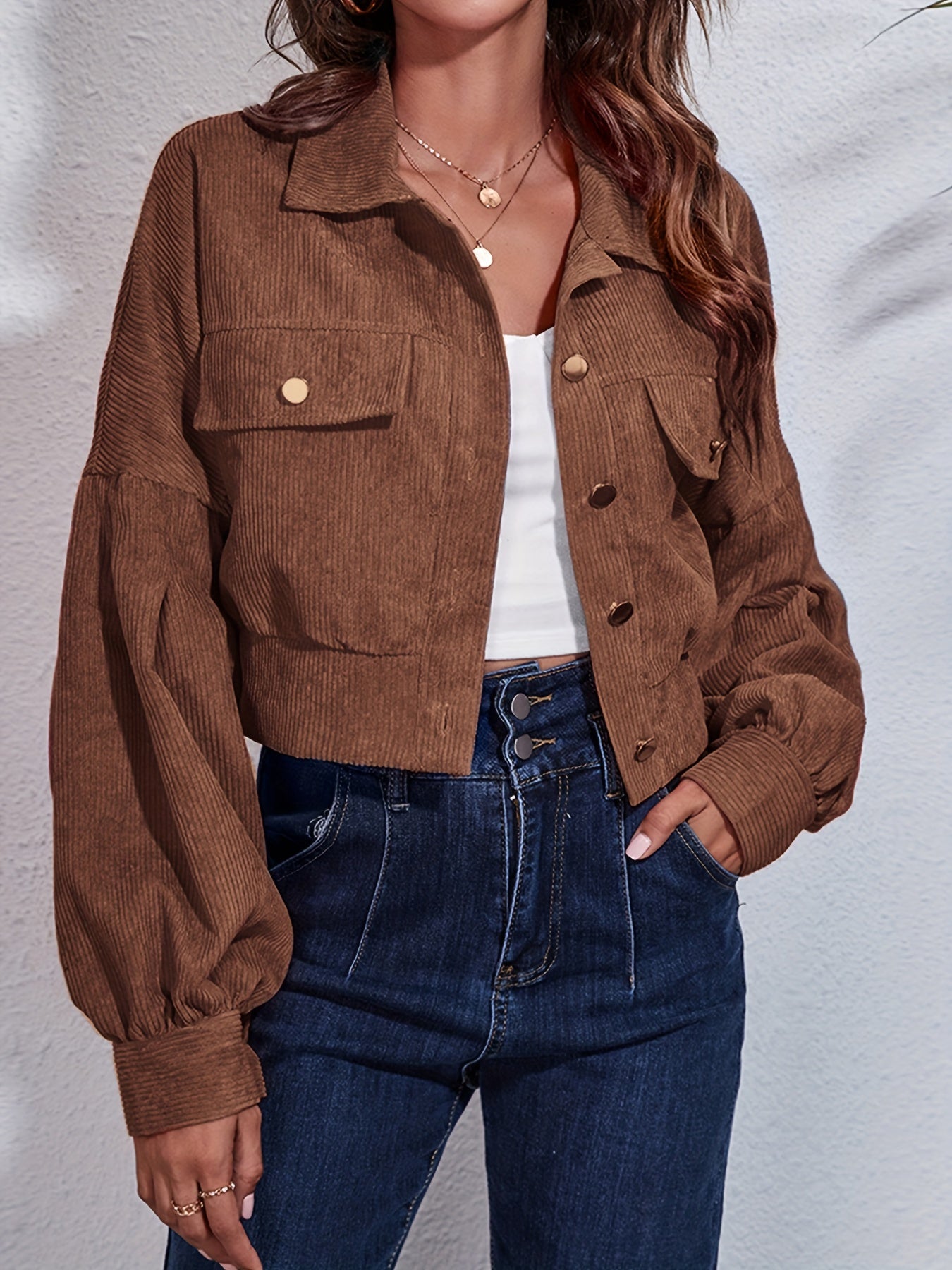 Solid Lantern Sleeve Ribbed Corduroy Cropped Jacket, Fashion Winter Coats, Women's Clothing
