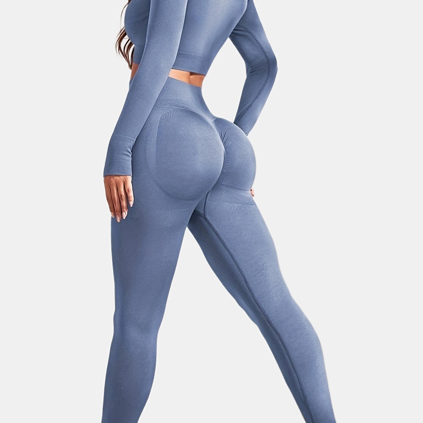 gbolsos Women's Yoga Sports Suits, Seamless Stretchy Fitness Suits, Long Sleeve Thumb Hole Cropped Top & Slimming Leggings, Women's Activewear